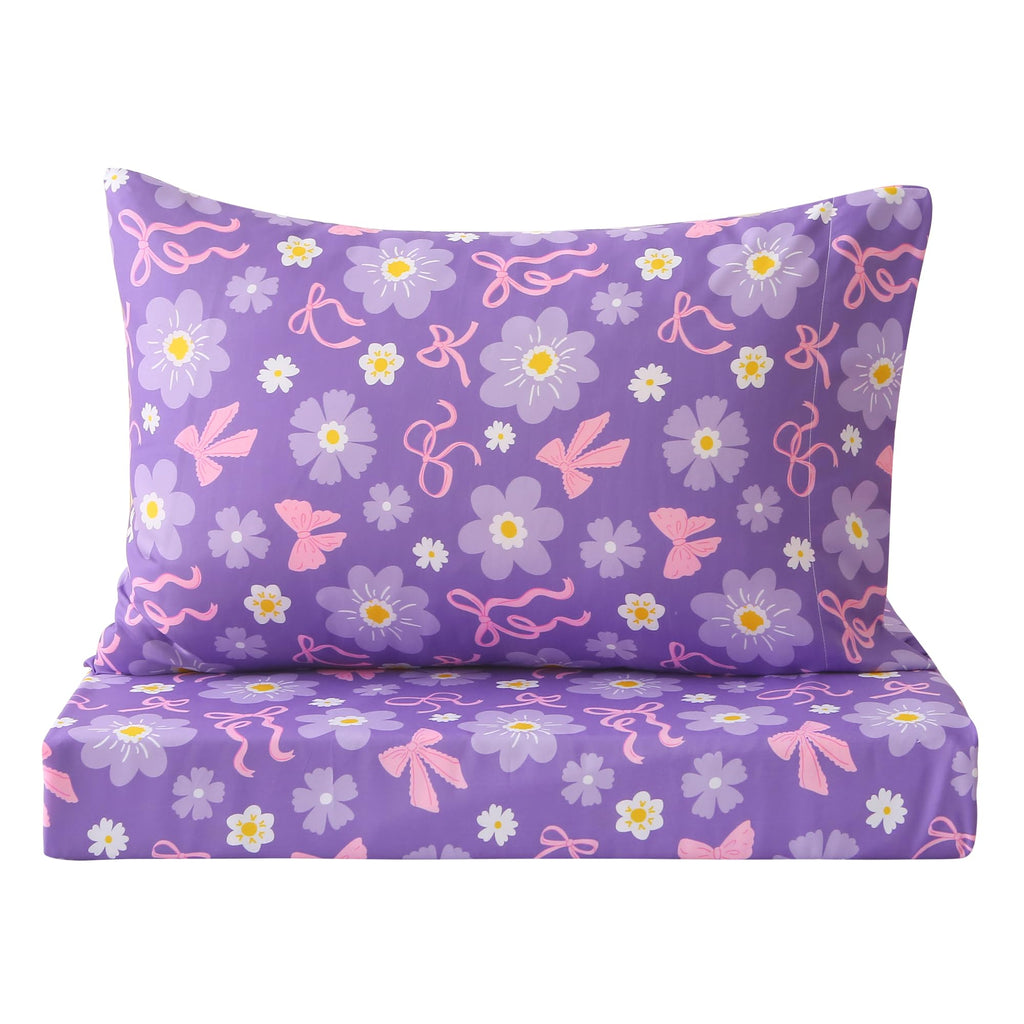 Softan Kids Twin Sheets Set, 3 Piece Butterfly Floral Bedding Set for Girls, Soft Breathable Microfiber with 15" Deep Pocket, Fitted Flat Sheet & Pillowcase