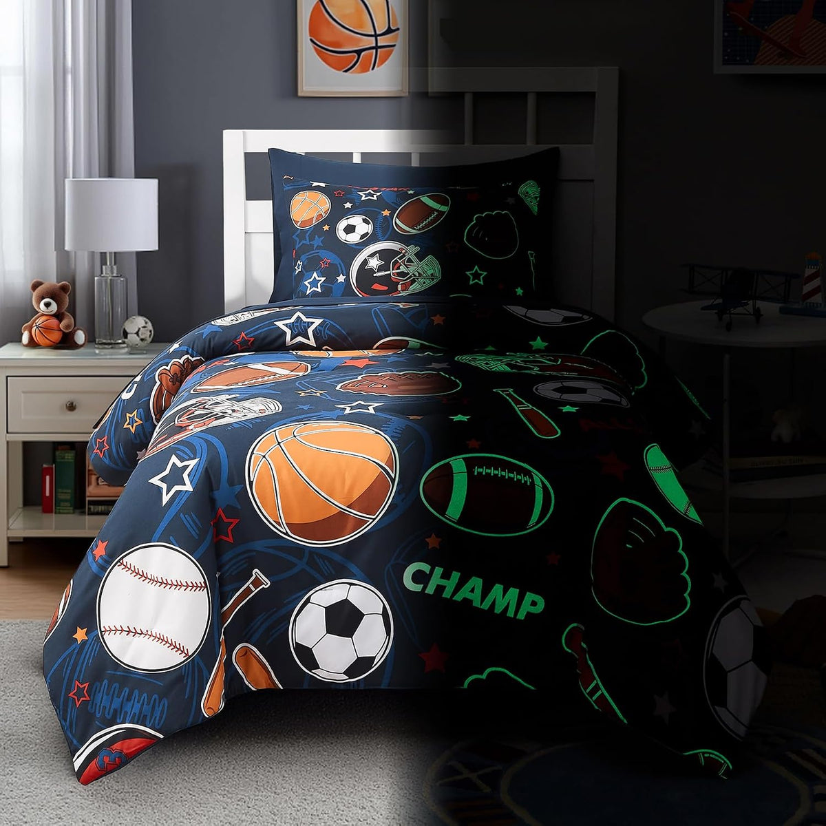 Twin Comforter Set for Boys-5 Pieces Ball Glow in the Dark Bedding Set