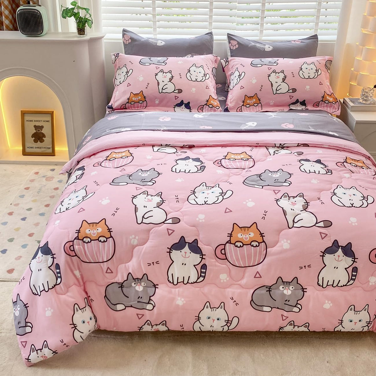 7 Piece Girls Cats Bedding Comforter Set Twin Size for Kids Bed in A Bag Pink Cute Cartoon Pet Cat Bedding Set for Boys Teens (1 Comforter, 1 Flat Sheet, 1 Fitted Sheet, 4 Pillow Sham) Gray