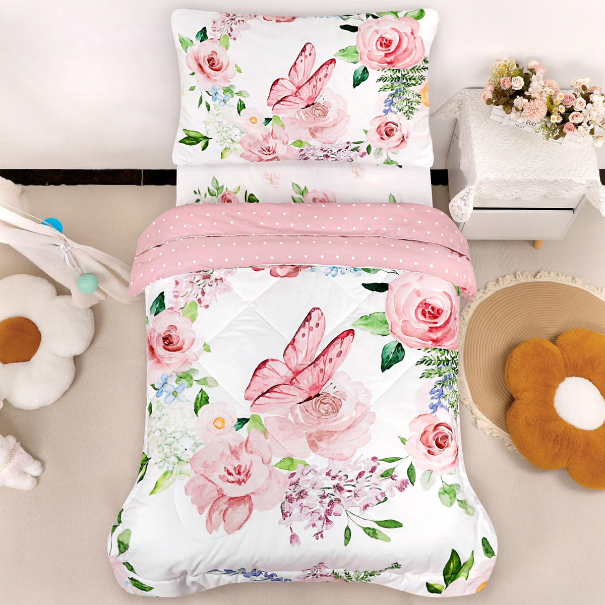 Toddler Bedding Set for Girls 4 Piece Pink Rainbow Toddler Girl Bedding Set Super Soft & Lightweight Toddler Comforter Set Includes Comforter, Flat Sheet, Fitted Sheet, Pillowcase