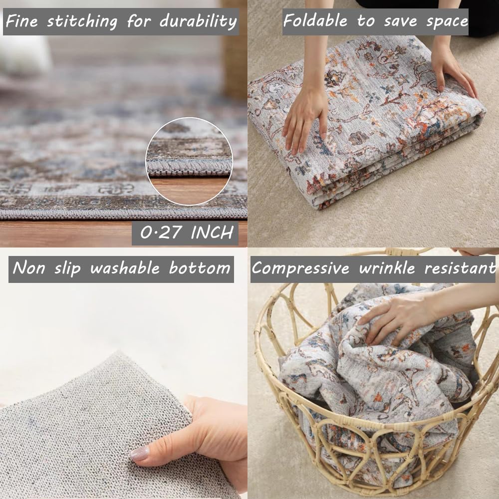 CHAMPLANT Area Rug 4x6 Washable Rug Gray Vintage Traditional Floor Cover Foldable Thin Retro Accent Indoor Distressed Non Slip Carpet Floral Print Mat Bedroom Living Room Bathroom