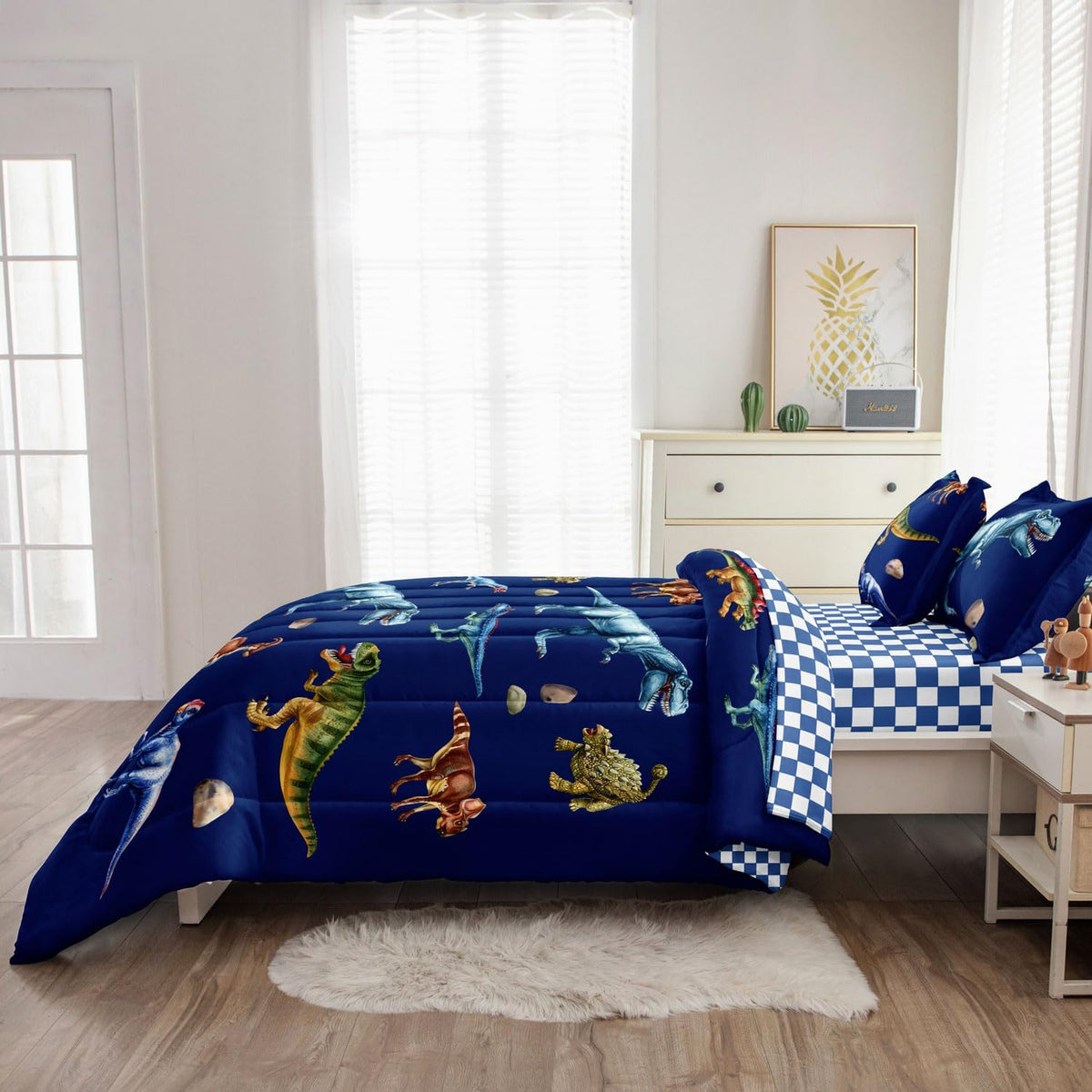 Kid Twin Quilts Comforter Set Dinosaur Bedding Set for Boys, Blue