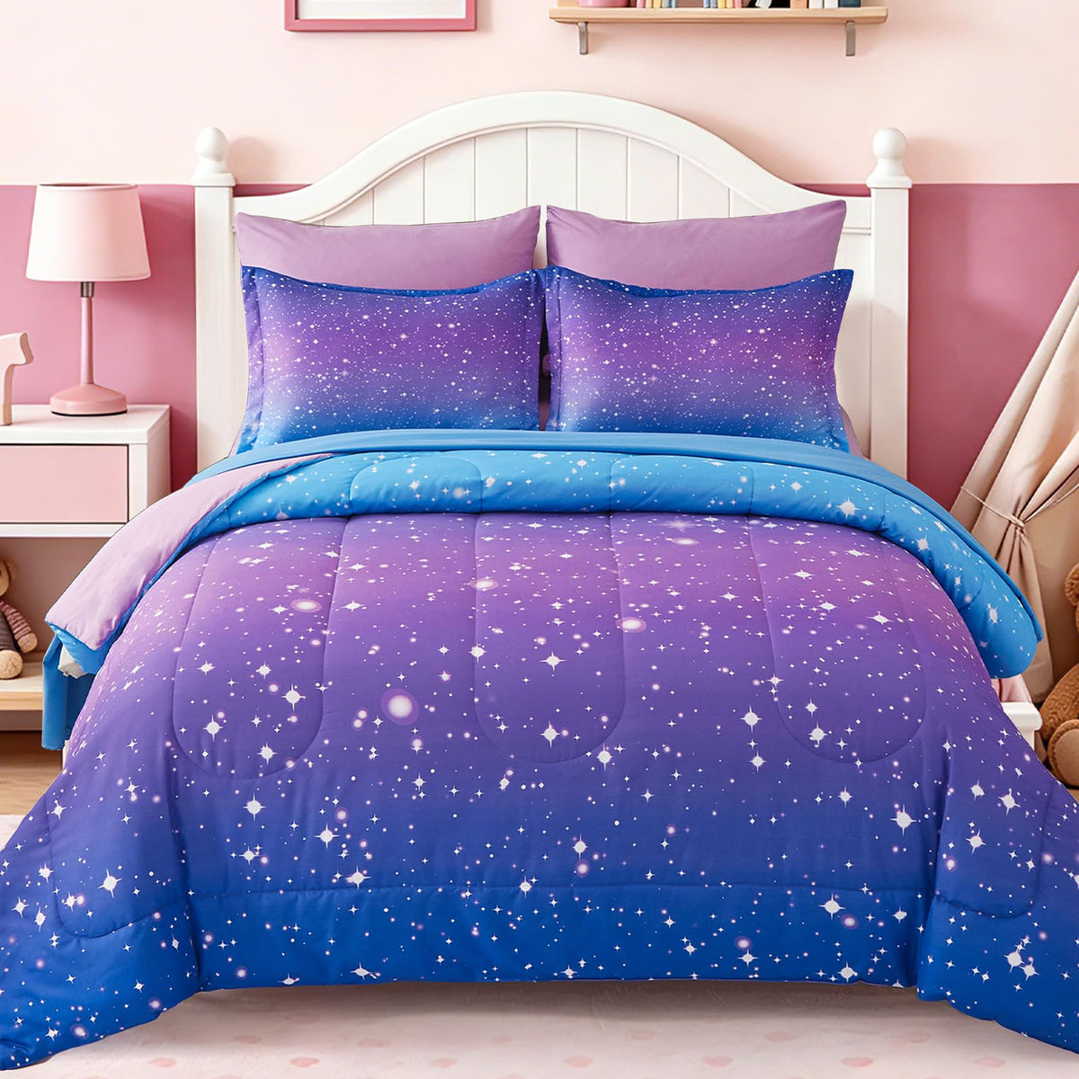 Dinjoy Girls Comforter Set 7 Pieces, Queen Size Colorful Ombre Rainbow Bedding Set, Bed in A Bag for Kid Teen Girls (1 Comforter, 1 Flat Sheet, 1 Fitted Sheet, 2 Pillow Shams, 2 Pillowcases)