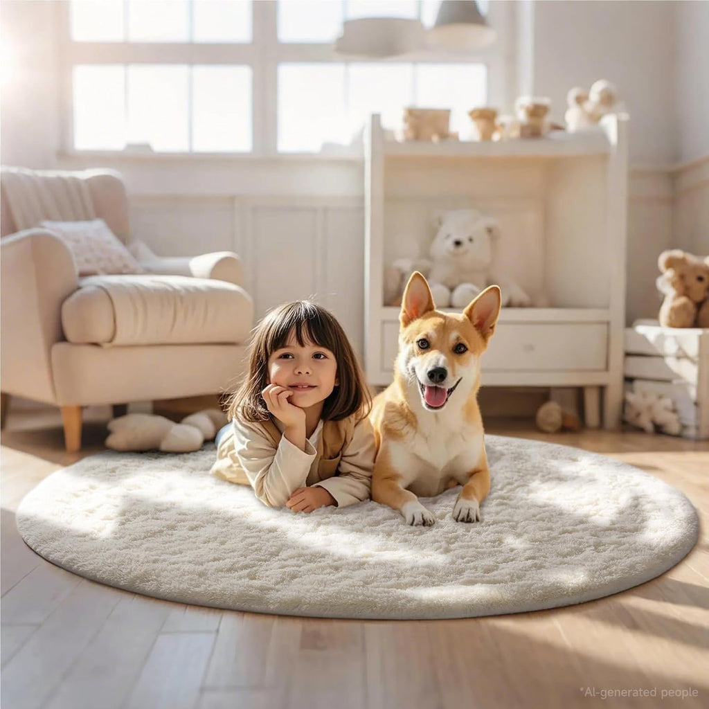 Ophanie Round Rugs 5Ft Ivory Circle Area Rug,Baby Nursery Living Room Bedroom Decor Circular Carpet 5 Foot,Fluffy Fuzzy Shag Plush Cream for Kids Boys Girls Teen with Over 99 pcs Pile fibers