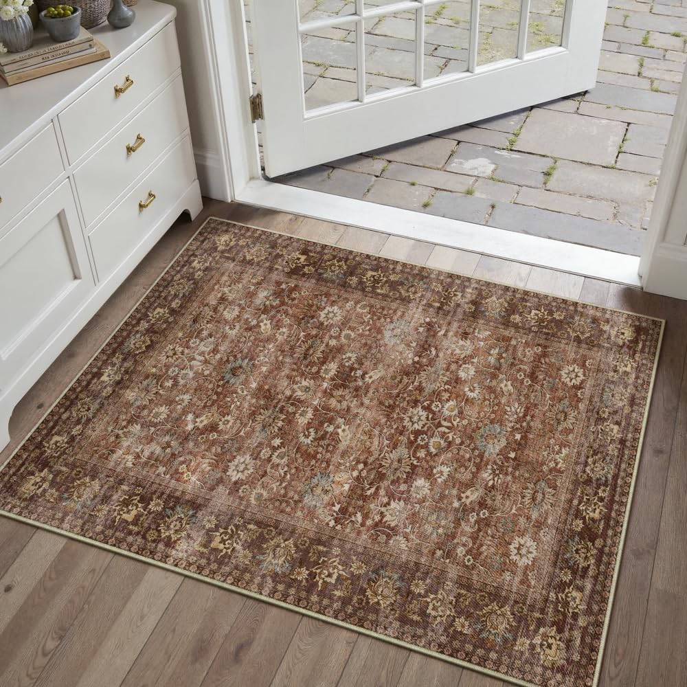 HUGEAR 2x6 Brown Vintage Floral Washable Runner Rug for Hallway