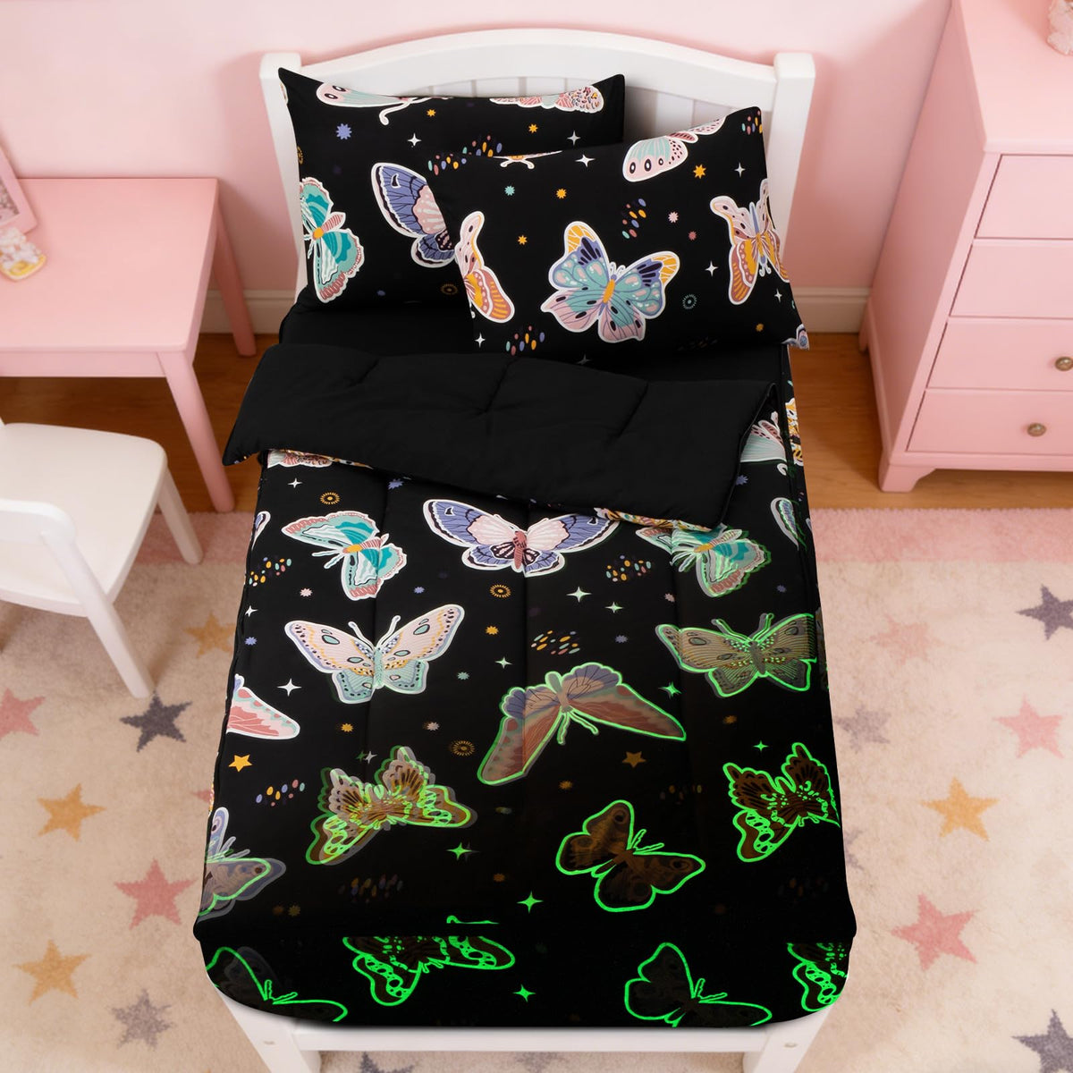 NTBED Unicorn Zipper Bedding Sets Twin for Kids Boys Lightweight Glow in Dark Comforter Set with Fitted Sheet Rainbow Pillow Covers