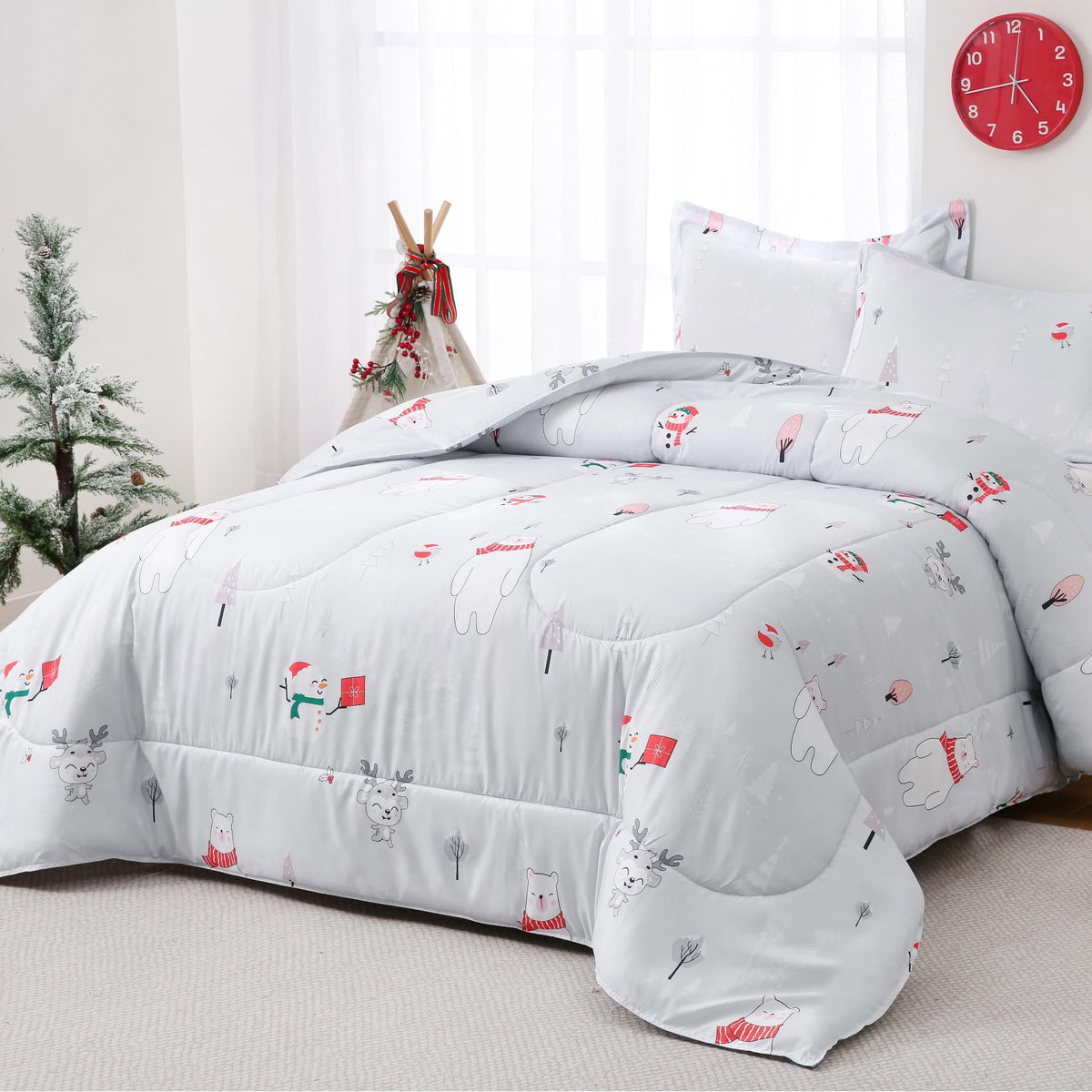 Yibeizi Kids Comforter Set for Boys Girls Full Size, Cute Quilted Woodland Forest Animal Print Fall Bedding with Pillow Sham, Lightweight Soft Breathable Machine Camping Themed Bed Set 3 Piece