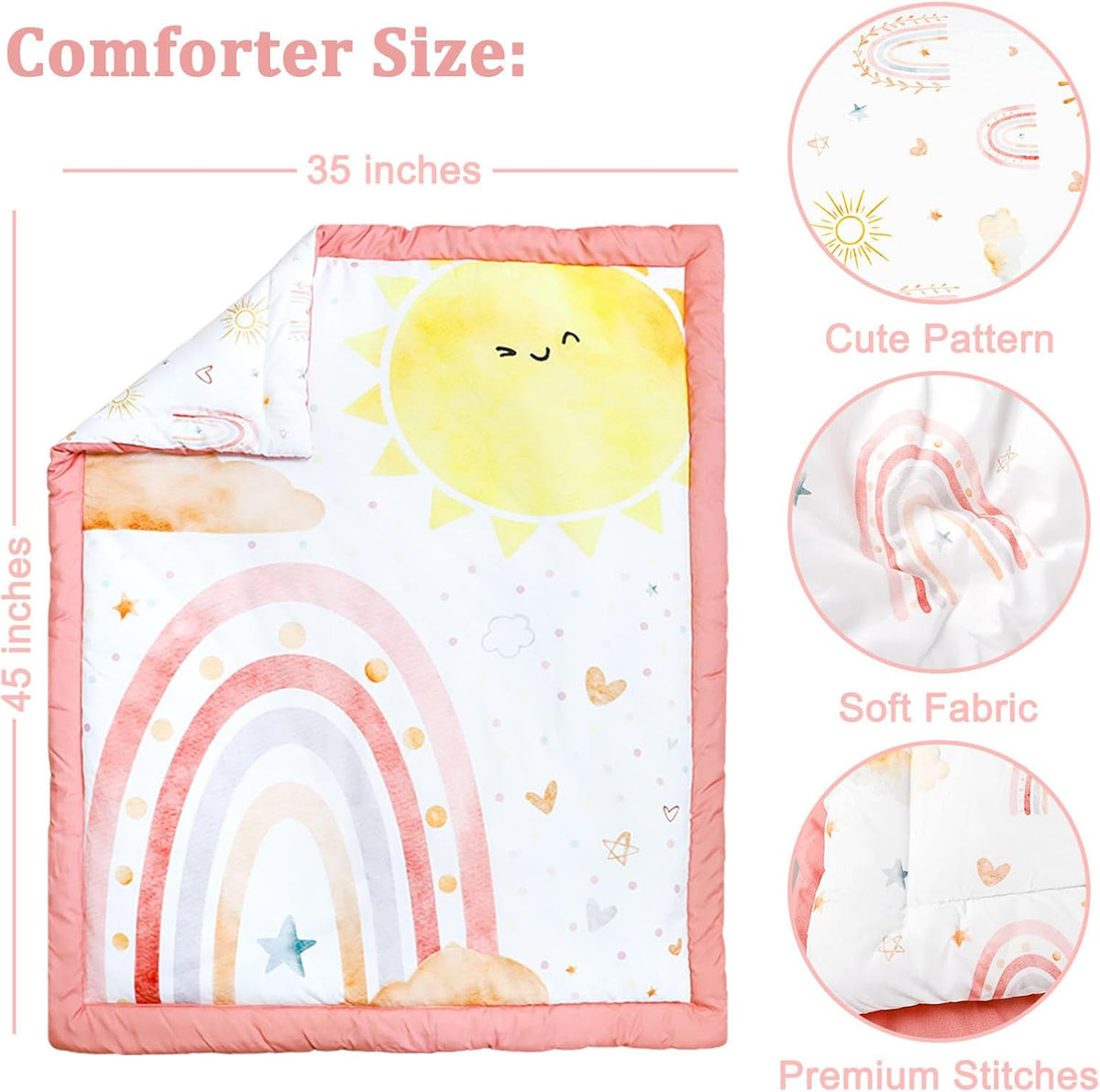 CARULLI Crib Bedding Set for Girls, 4-Piece Pink Rainbow Baby Crib Bedding Set, Soft & Cozy Crib Sets Includes Comforter, Fitted Crib Sheet, Crib Skirt, and Diaper Stacker