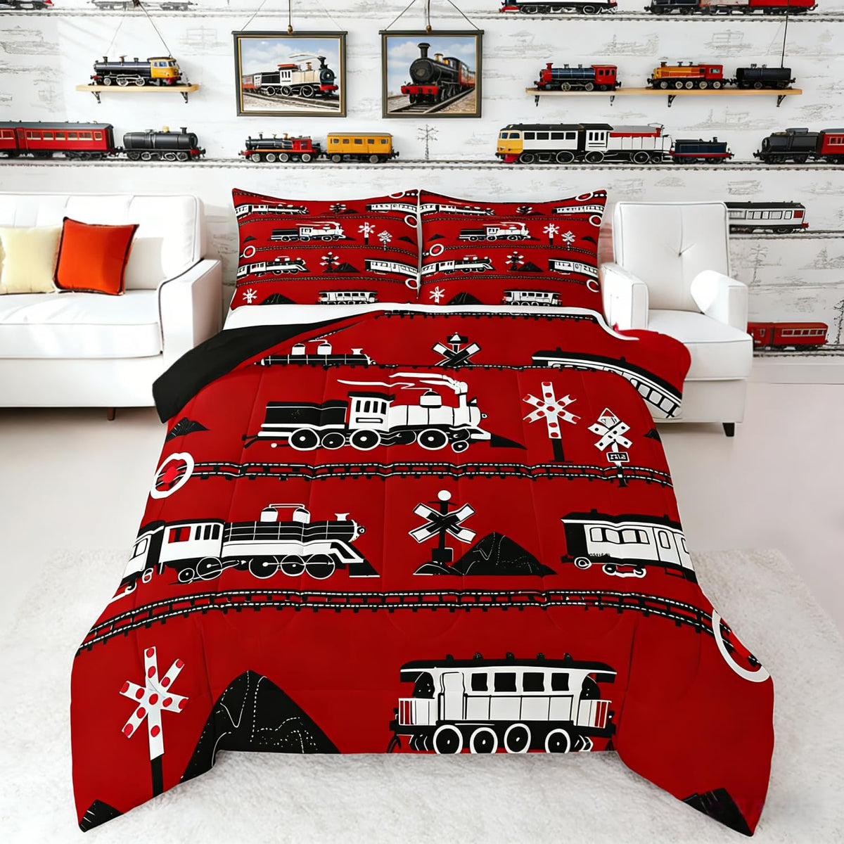 Erosebridal Cartoon Train Comforter Set Twin Kids Bedding for Boys Girls