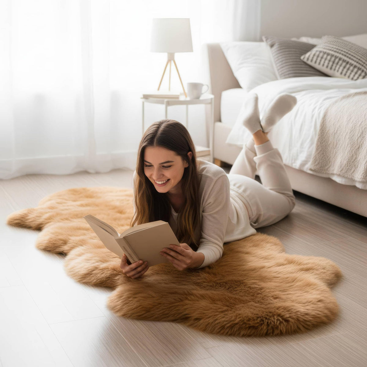 Genuine Sheepskin Rug & Chair Cover Ivory 2X3 Real Fur Throw for Bedroom