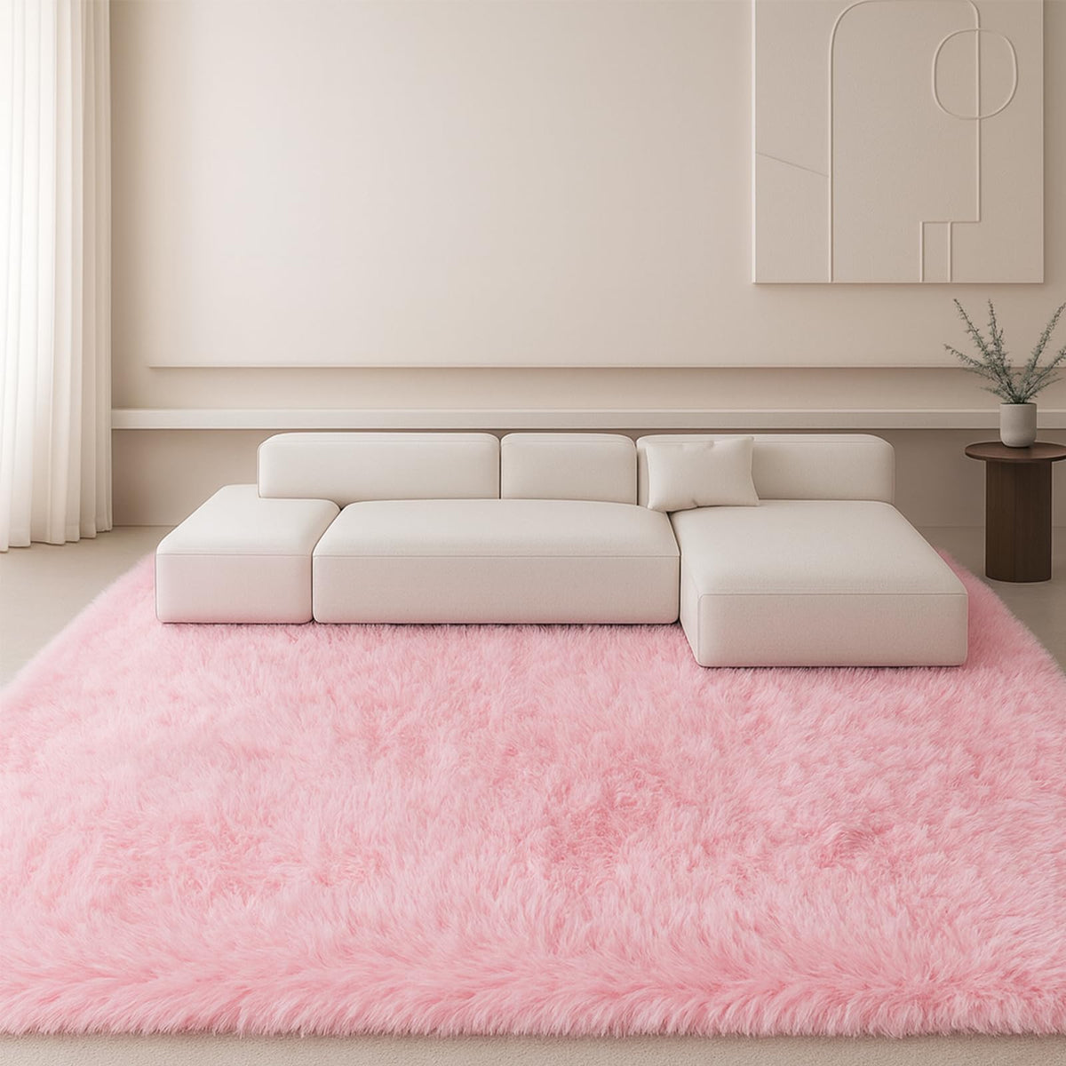 8x10 Cream Fluffy Shag Area Rug, Non-Slip Soft Carpet for Home