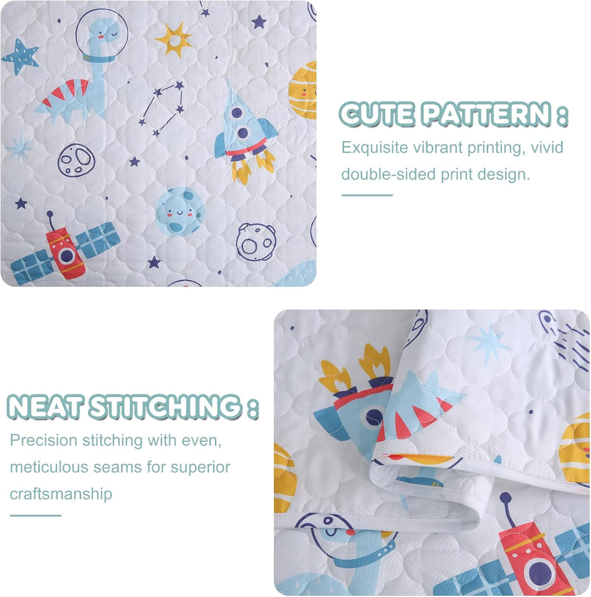 Dinosaur Space Rocket Themed Quilt Set Full Size for Boys,3 Pieces