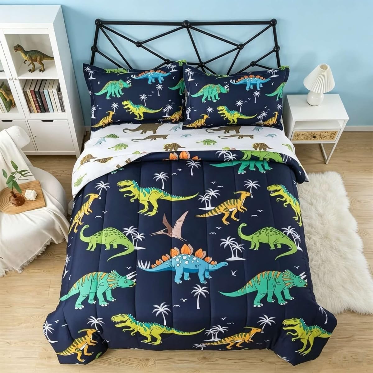 lishjekee 5Pieces Animal Comforter Twin for Kids Wild Animal Bedding Set Bed in A Bag Forest Wildlife Comforter and Sheets Set for Boys Girls Jungle Bear Wolf Deer Bed Set Home Decor