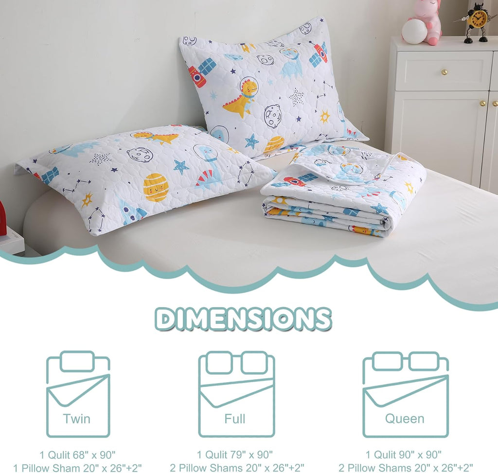 Dinosaur Space Rocket Themed Quilt Set Full Size for Boys,3 Pieces