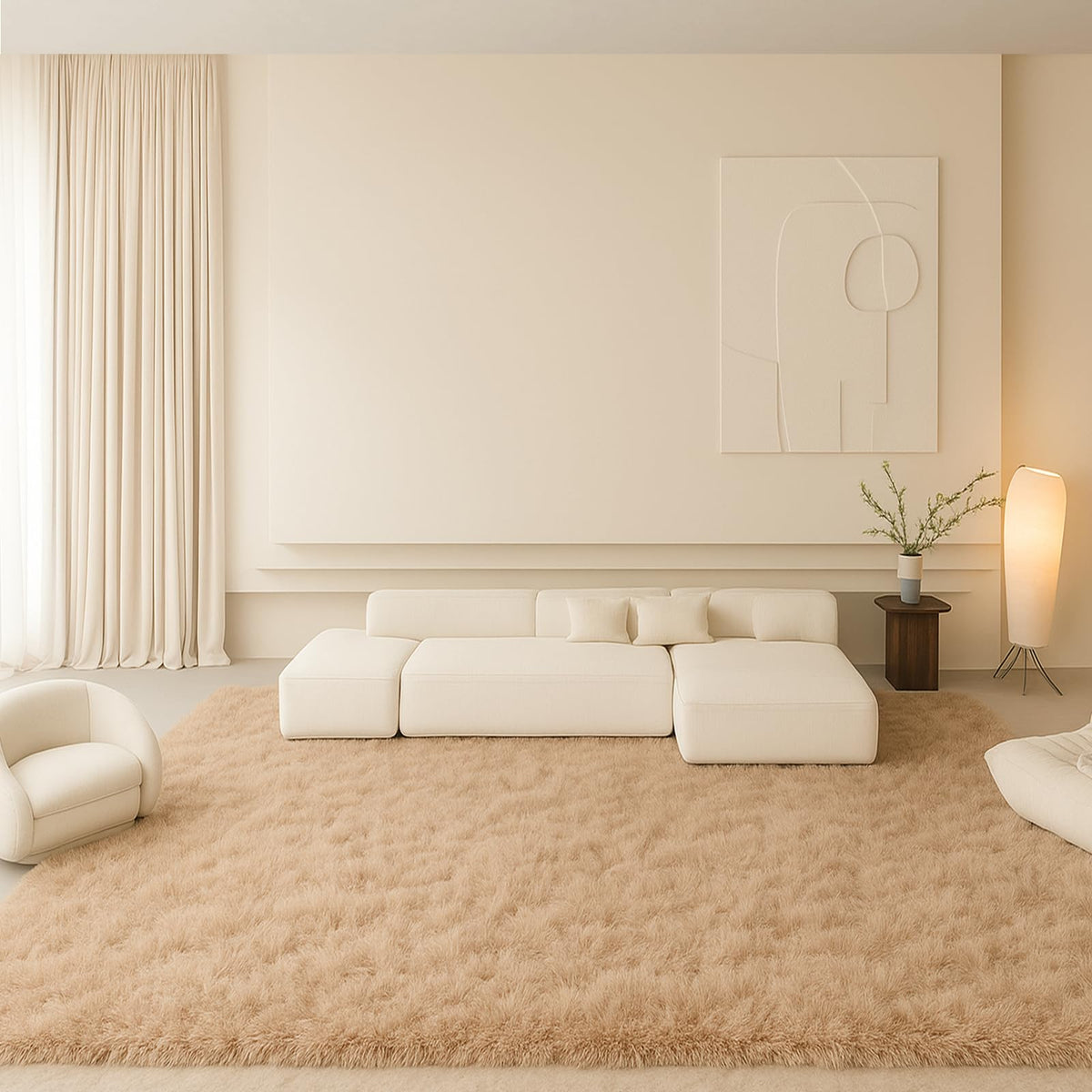 8x10 Cream Fluffy Shag Area Rug, Non-Slip Soft Carpet for Home