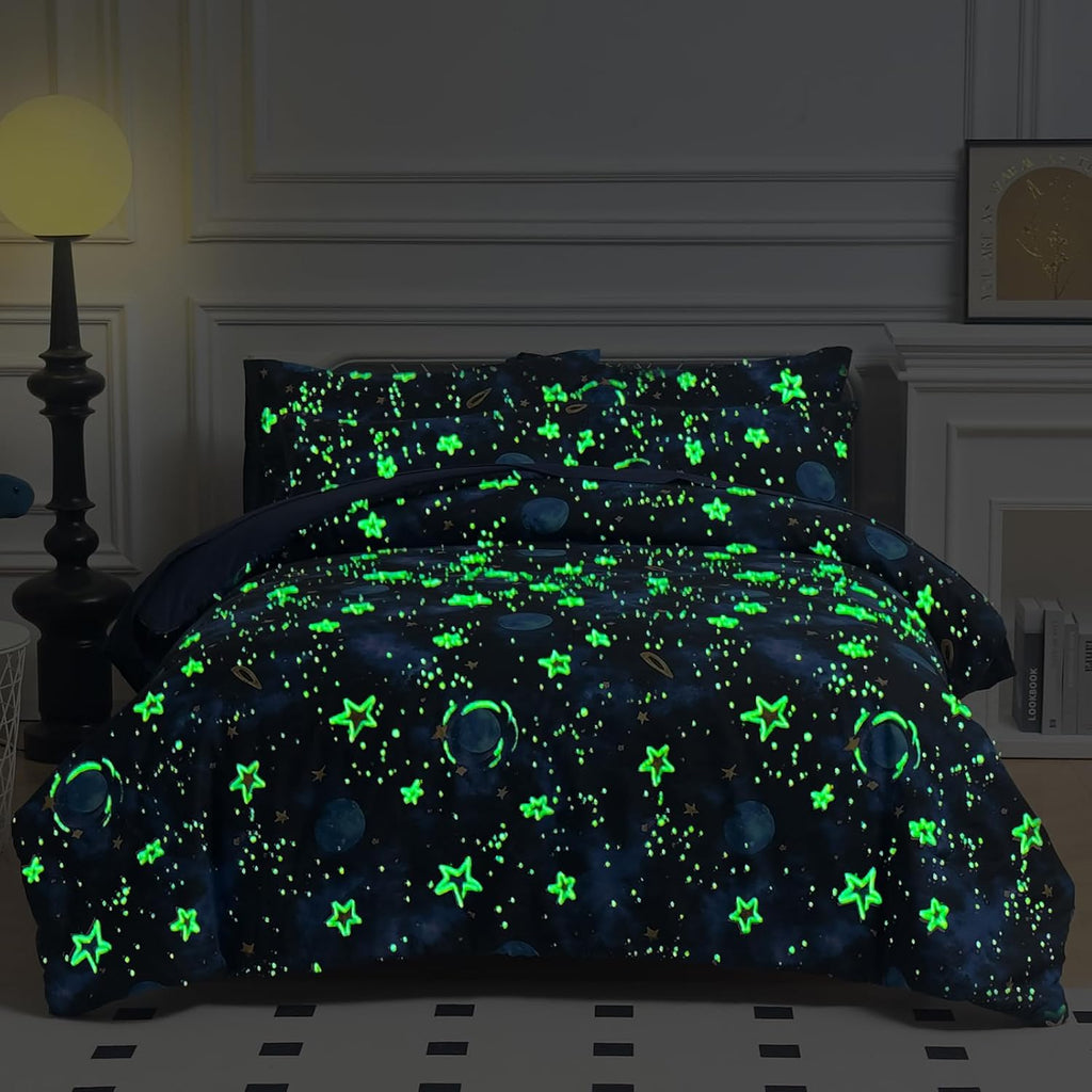 Glow in The Dark Kids Comforter Set, 3 Pieces Blue Space Bedding Set Twin Size for Boys Girls Teen, 1 Comforter, 1 Pillowcase, 1 Pillow Sham