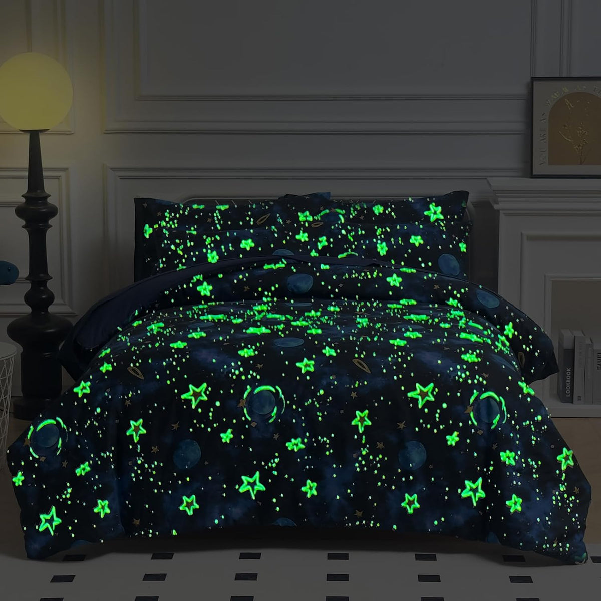 Glow in The Dark Kids Comforter Set, 3 Pieces Blue Space Bedding Set Twin Size for Boys Girls Teen, 1 Comforter, 1 Pillowcase, 1 Pillow Sham