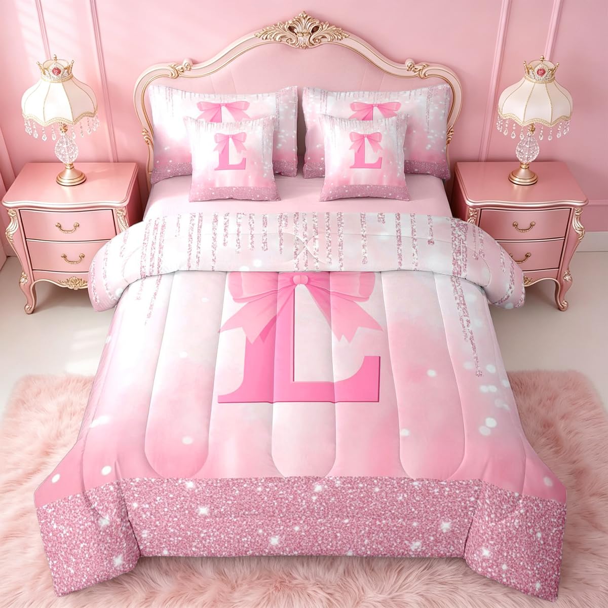 Feelyou Kids Pink Bowknot Bed in A Bag Twin Size, Personalized Initial A Comforter Set with Sheets Princess Glitter 7 Pieces Bedding Set Boys Girls Bow Alphabet Teens Bed Set Bedroom Decor 7Pcs