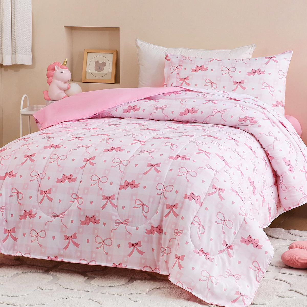 Twin Size Pink Check Comforter Set for Kids, Toddler, Boys&Girls, 4 Pieces Bed-in-a-Bag Bedding Set, All Season Ultra Soft Oeko TEX Sheets Set with Comforter, (Pink Bow)