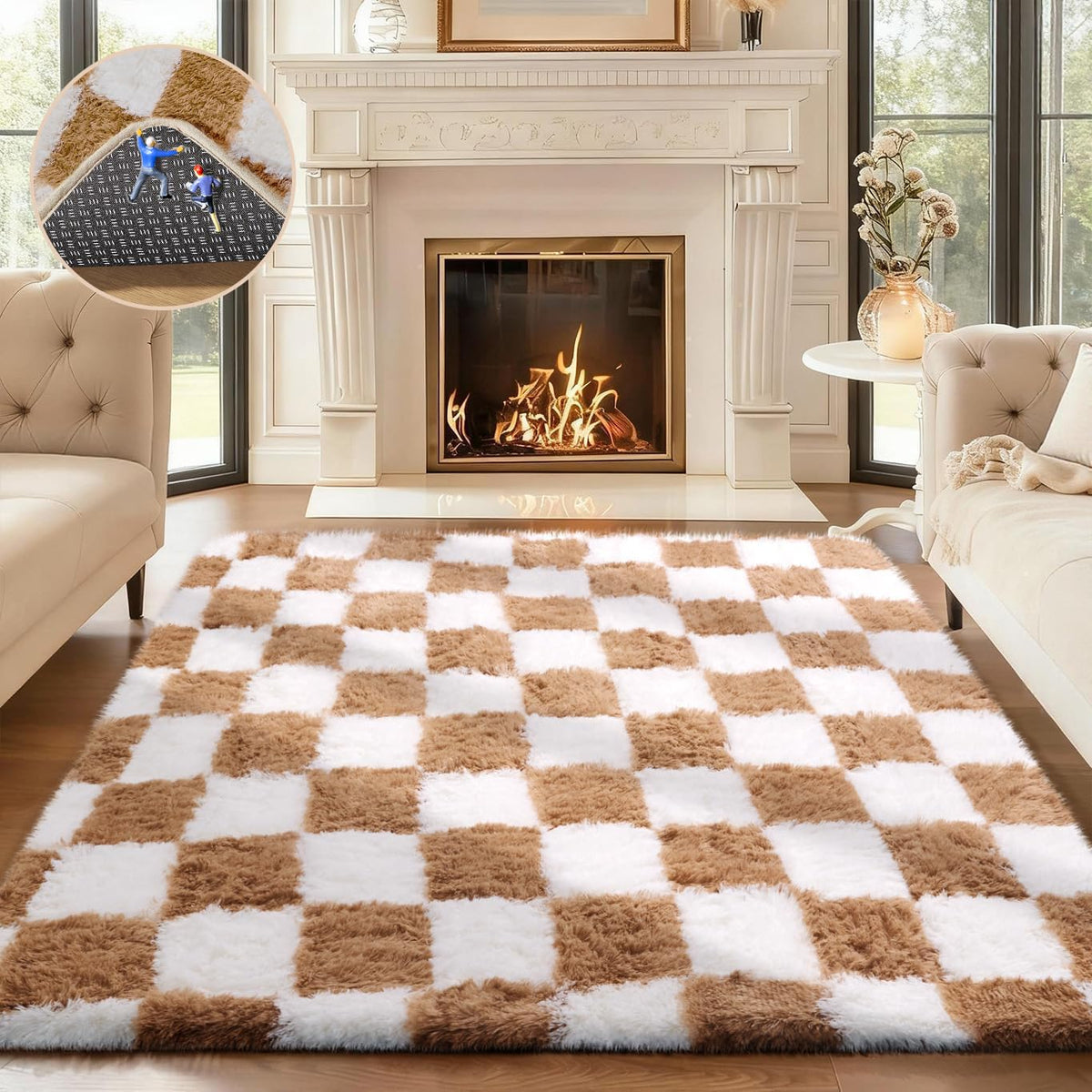 Ophanie Round Rugs 5Ft Ivory Circle Area Rug,Baby Nursery Living Room Bedroom Decor Circular Carpet 5 Foot,Fluffy Fuzzy Shag Plush Cream for Kids Boys Girls Teen with Over 99 pcs Pile fibers
