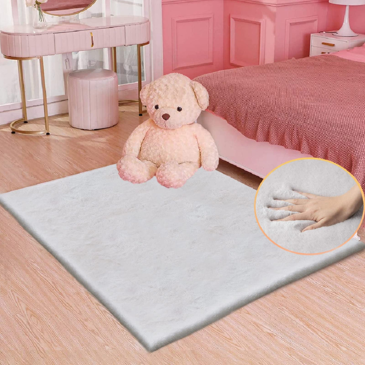 ORINOVA Beige Faux Sheepskin Rabbit Fur Shaggy Rugs for Bedroom Small Shag Washable Fluffy Fur Rug for Living Room Rug 2x3 Nursery Rectange Rugs