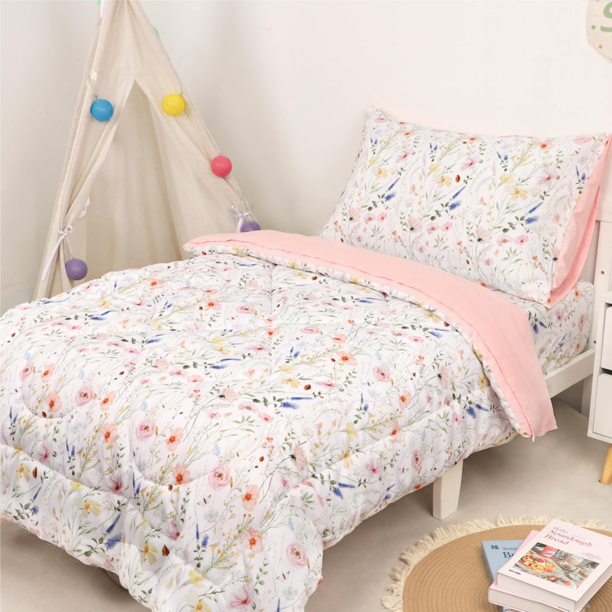 Toddler Bedding Set for Girls 4 Piece Pink Rainbow Toddler Girl Bedding Set Super Soft & Lightweight Toddler Comforter Set Includes Comforter, Flat Sheet, Fitted Sheet, Pillowcase