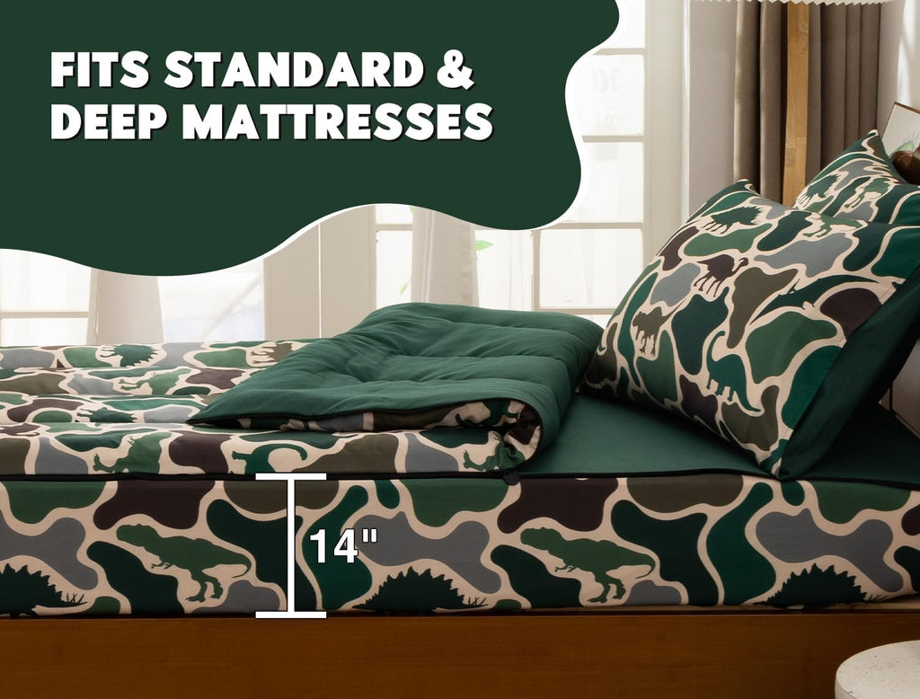 Meeting Story Zippable Bedding Twin,Dinosaur Camo Bedding Set Zip Up Comforter Bed in a Bag with Fitted Sheet and 2 Pcs Pillowcases(Green,Twin)