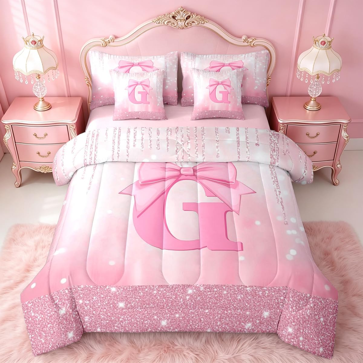 Feelyou Kids Pink Bowknot Bed in A Bag Twin Size, Personalized Initial A Comforter Set with Sheets Princess Glitter 7 Pieces Bedding Set Boys Girls Bow Alphabet Teens Bed Set Bedroom Decor 7Pcs
