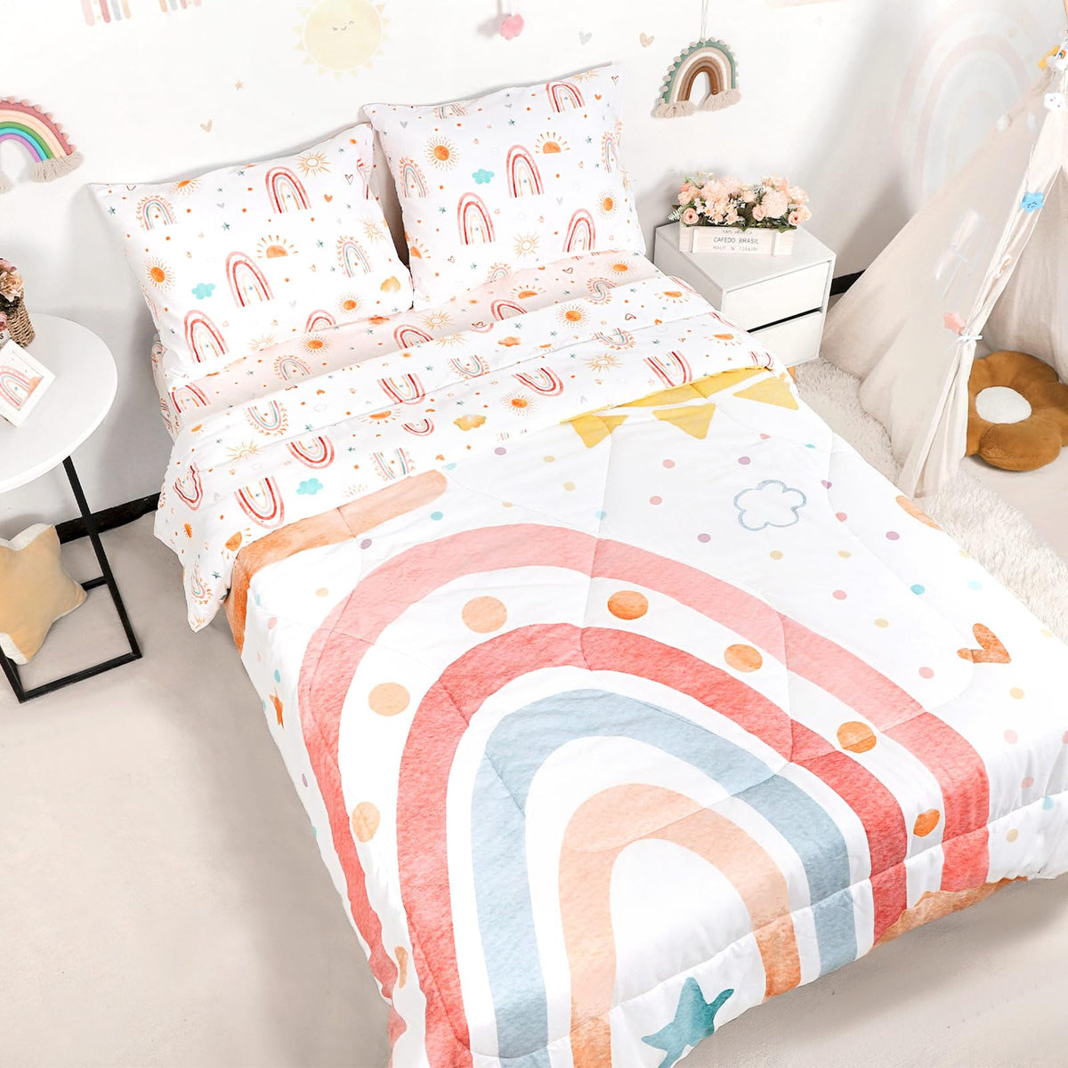 Toddler Bedding Set for Girls 4 Piece Pink Rainbow Toddler Girl Bedding Set Super Soft & Lightweight Toddler Comforter Set Includes Comforter, Flat Sheet, Fitted Sheet, Pillowcase