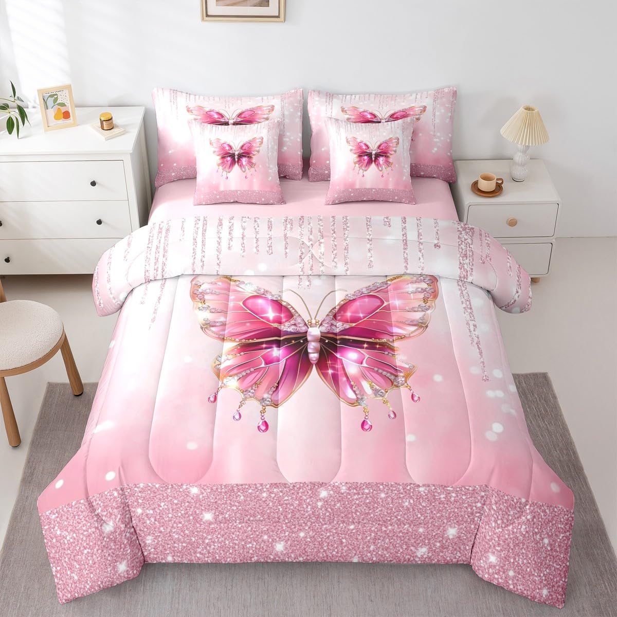Feelyou Kids Pink Bowknot Bed in A Bag Twin Size, Personalized Initial A Comforter Set with Sheets Princess Glitter 7 Pieces Bedding Set Boys Girls Bow Alphabet Teens Bed Set Bedroom Decor 7Pcs