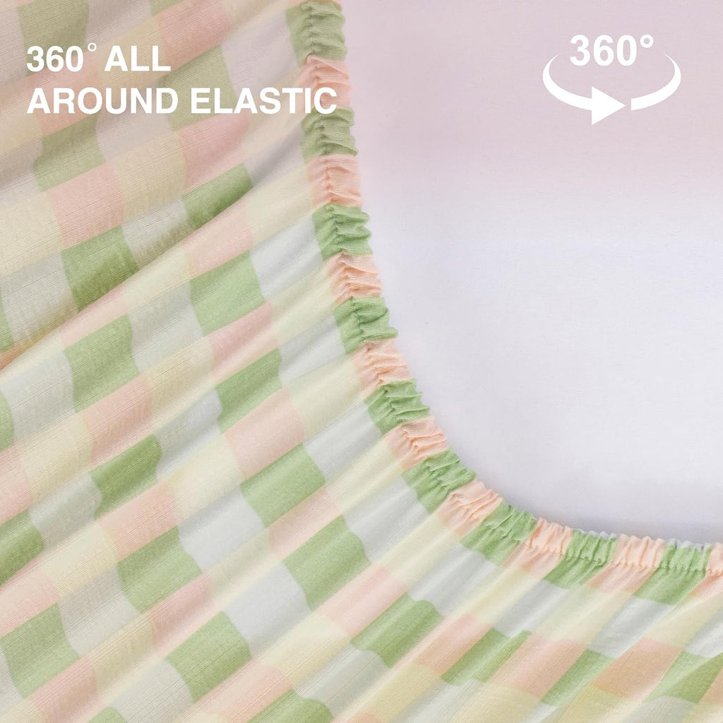 Aimuan Zipper Bedding Twin Zip Up Bedding Set Pink Checked Plaid 3 Pcs Zippered Bedding Twin Comforter Bed in a Bag with Fitted Sheet and 2 Pcs Pillowcases (Pink-Green,Twin)