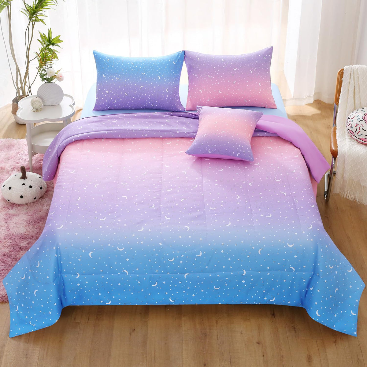 JQinHome Twin Pink Purple Comforter Set, 6 Piece Bed in A Bag 3D Colorful Bedding Set for Girls Kids (1 Comforter,2 Pillowcases,1 Flat Sheet,1 Fitted Sheet,1 Cushion Cover)(Pink Purple)