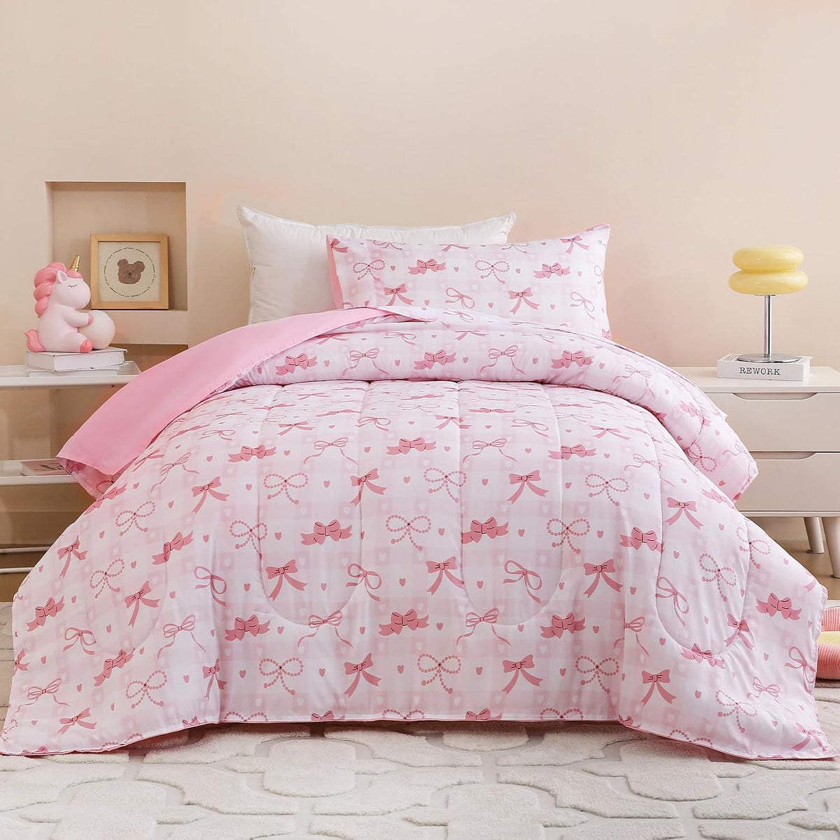 Twin Size Pink Check Comforter Set for Kids, Toddler, Boys&Girls, 4 Pieces Bed-in-a-Bag Bedding Set, All Season Ultra Soft Oeko TEX Sheets Set with Comforter, (Pink Bow)