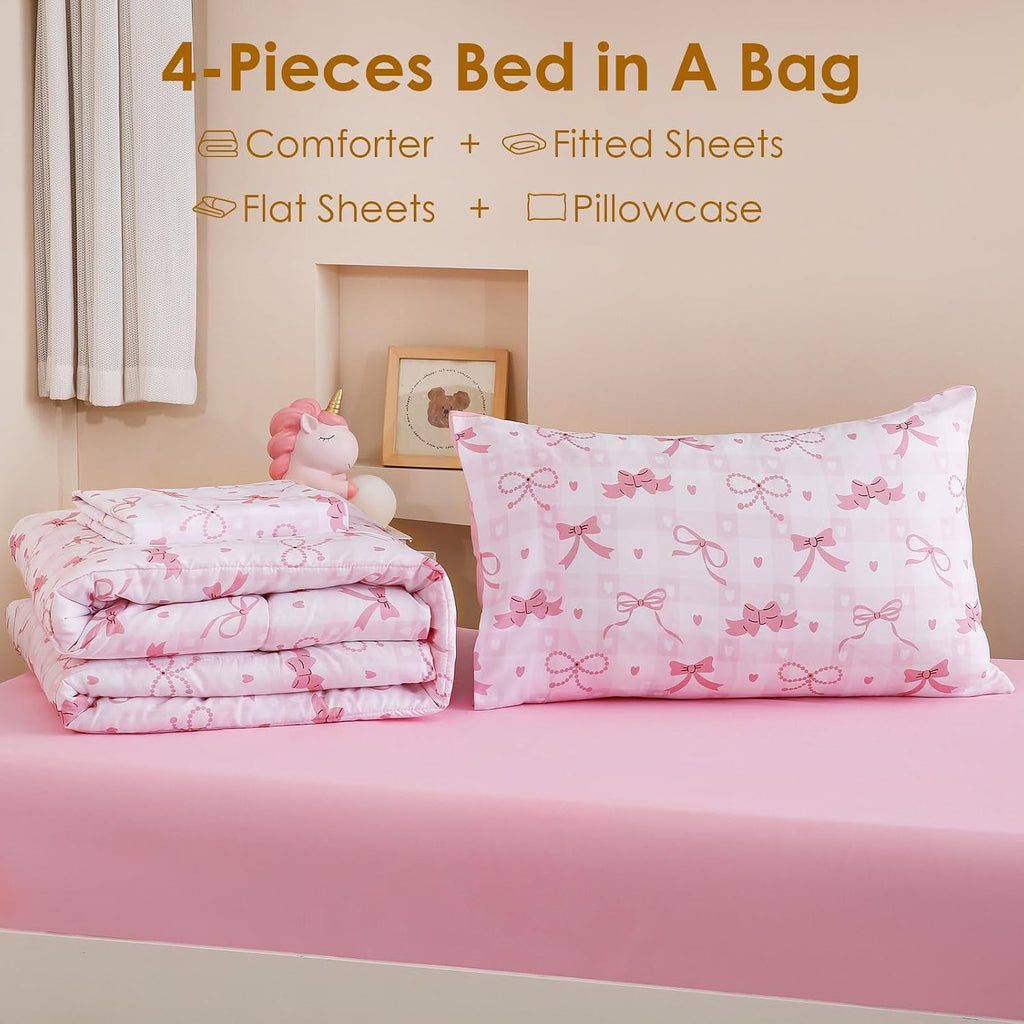 Twin Size Pink Check Comforter Set for Kids, Toddler, Boys&Girls, 4 Pieces Bed-in-a-Bag Bedding Set, All Season Ultra Soft Oeko TEX Sheets Set with Comforter, (Pink Bow)
