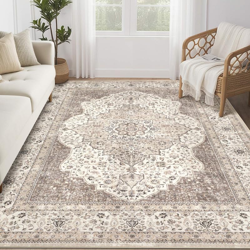 Vintage 9x12 Washable Area Rugs for Living Room, Non Slip, Brown