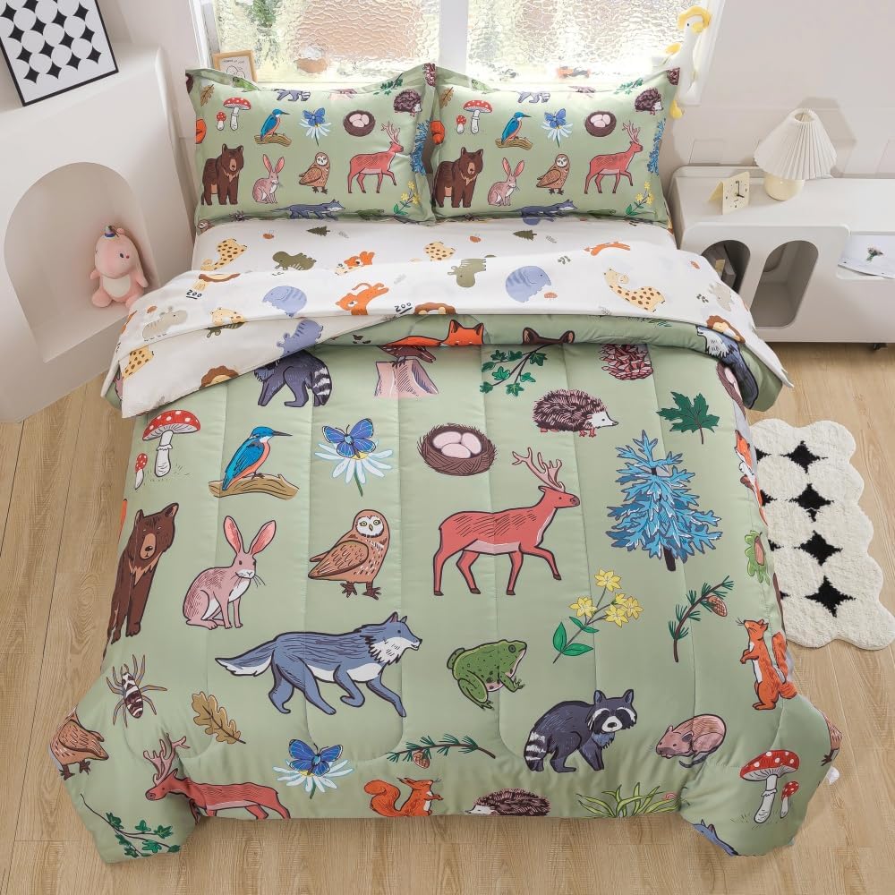 lishjekee 5Pieces Animal Comforter Twin for Kids Wild Animal Bedding Set Bed in A Bag Forest Wildlife Comforter and Sheets Set for Boys Girls Jungle Bear Wolf Deer Bed Set Home Decor