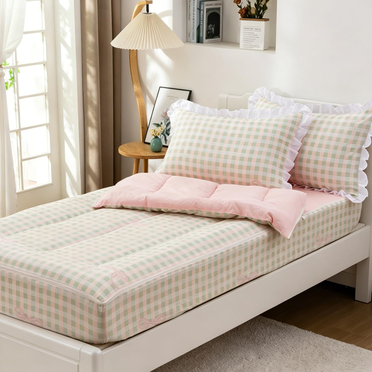Aimuan Zipper Bedding Twin Zip Up Bedding Set Pink Checked Plaid 3 Pcs Zippered Bedding Twin Comforter Bed in a Bag with Fitted Sheet and 2 Pcs Pillowcases (Pink-Green,Twin)