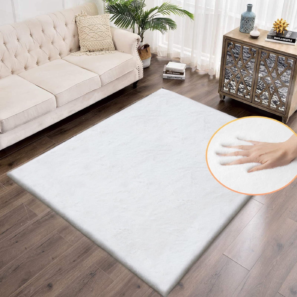 ORINOVA White Faux Bunny Fluffy Fur Rug Washable Area Rugs for Living Room Nursery Rugs for Bedroom 2x3 Rectange Rug Cute Home Décor