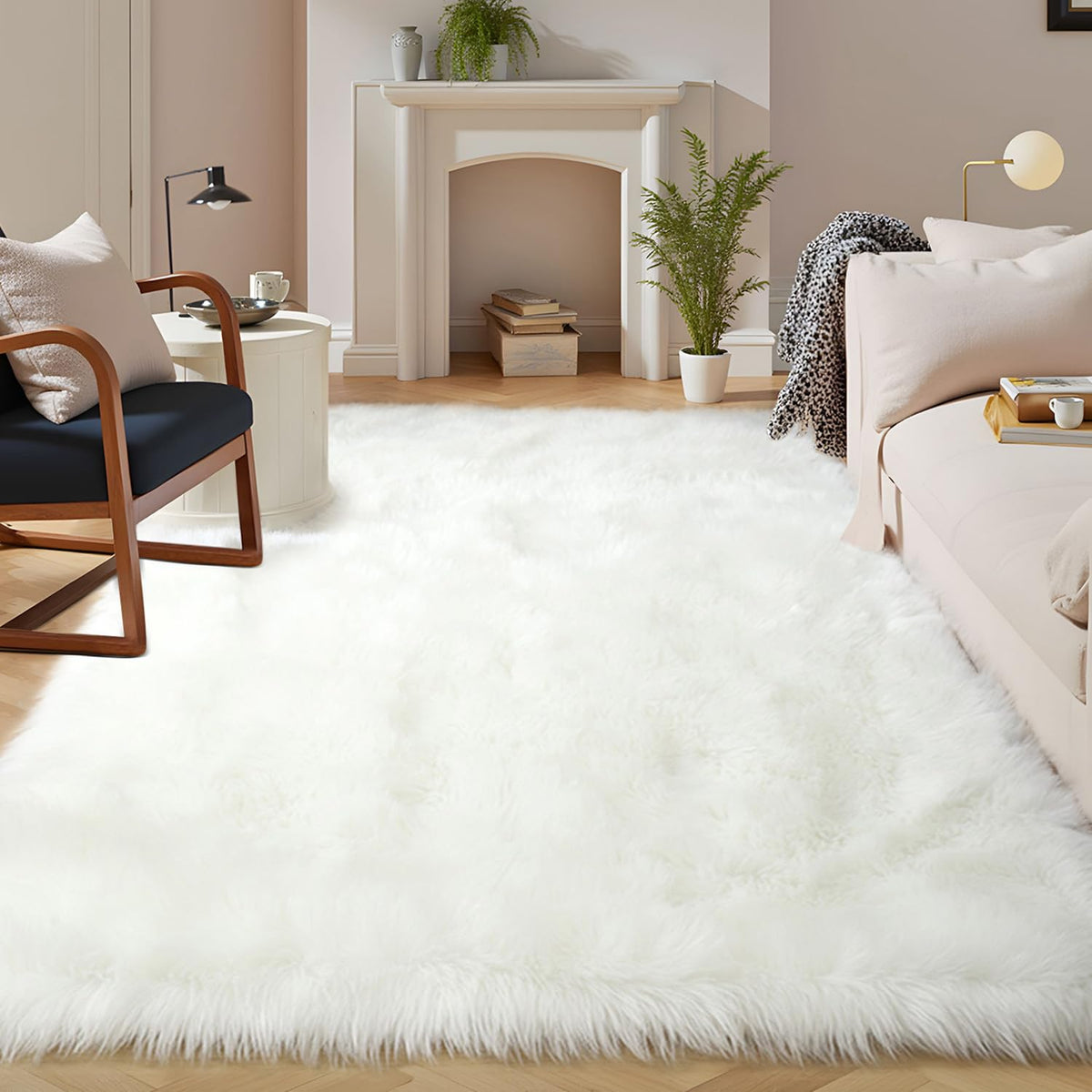 Latepis White Faux Fur Sheepskin Rug 4x6 for Living Room, Fuzzy Rugs Fluffy Washable Rug for Bedroom, Playroom, Luxury Room Decor, Rectangle