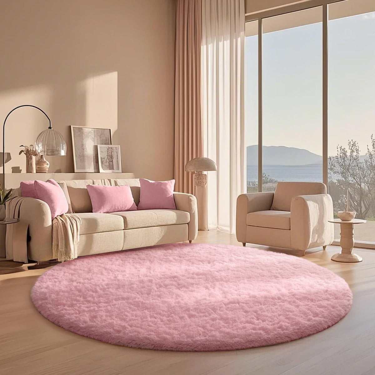 Ophanie Round Rugs 5Ft Ivory Circle Area Rug,Baby Nursery Living Room Bedroom Decor Circular Carpet 5 Foot,Fluffy Fuzzy Shag Plush Cream for Kids Boys Girls Teen with Over 99 pcs Pile fibers