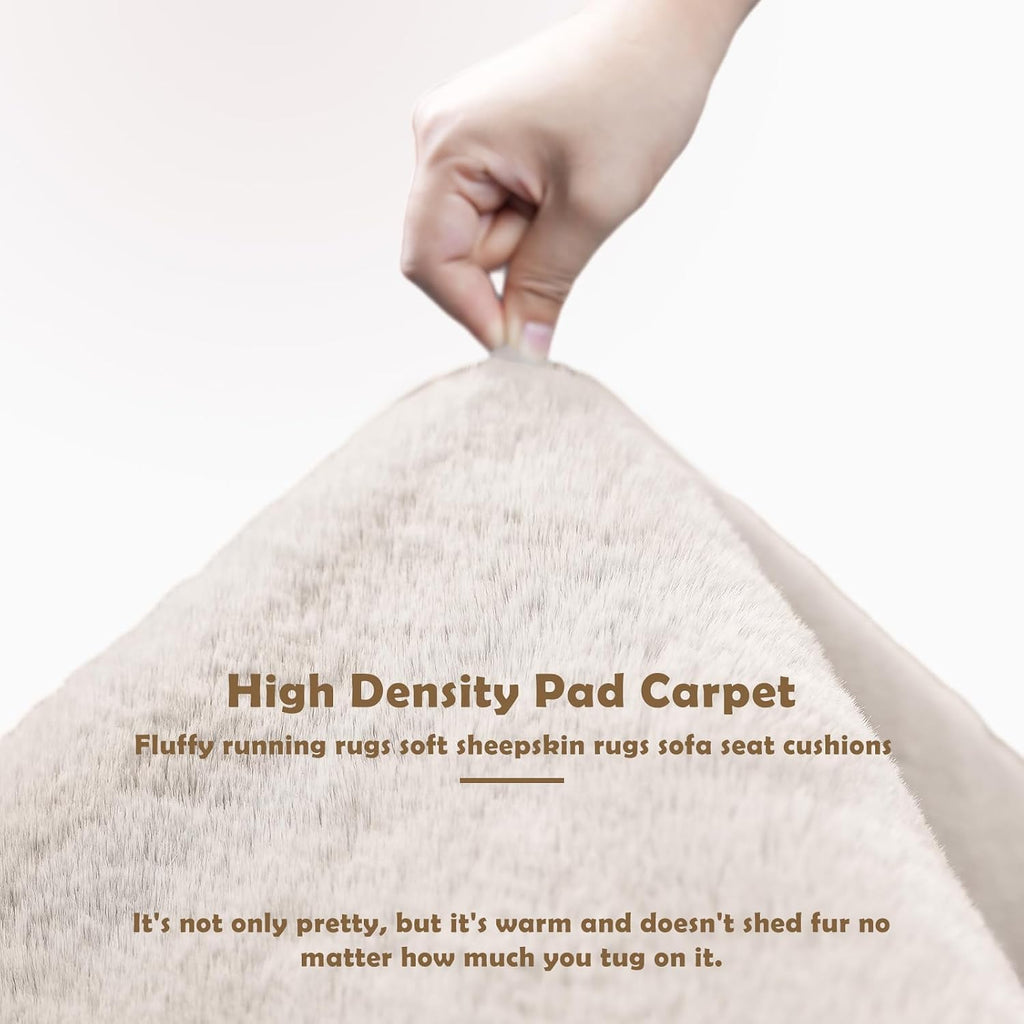 Fluffy Faux Rabbit Fur Rug 2'x6ft Beige Non-Slip Washable Mat Bedroom Living Room