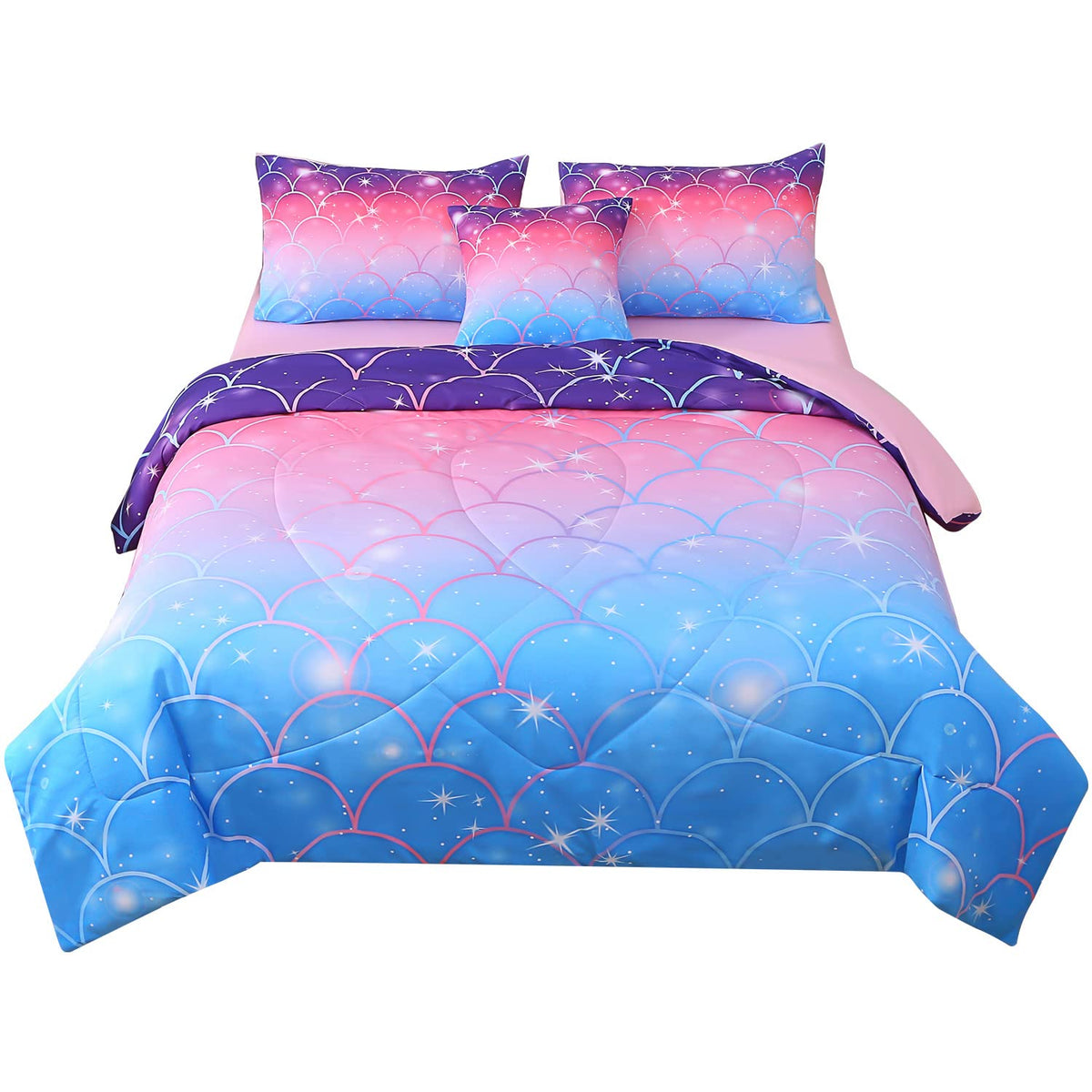 JQinHome Twin Pink Purple Comforter Set, 6 Piece Bed in A Bag 3D Colorful Bedding Set for Girls Kids (1 Comforter,2 Pillowcases,1 Flat Sheet,1 Fitted Sheet,1 Cushion Cover)(Pink Purple)