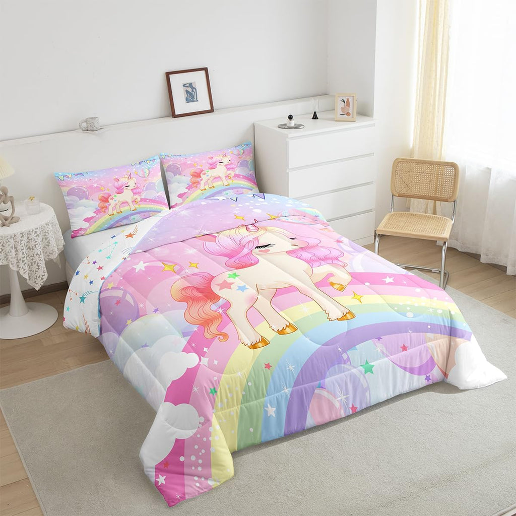 Feelyou Unicorn Girls Bedding Set Twin Rainbow Kids Pink Unicorn Comforter Set Kawaii Cute Reversible Stars Duvet Quilt Teens Children Adults Cartoon Unicorn Room Decor All Season