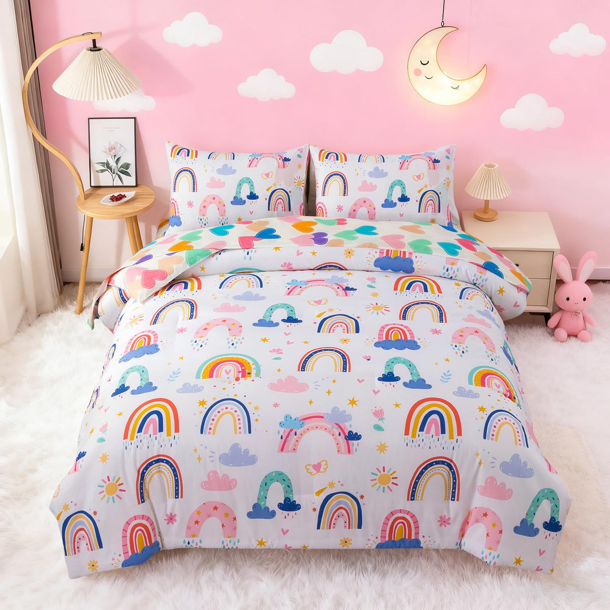 Btargot Lightweight Soft 3 Piece Rainbow Comforter Set with 2 Pillow Covers, Cartoon Love Hearts Flowers and Grass Bedding Set for Girls Boys Kids, Full Multi-Color