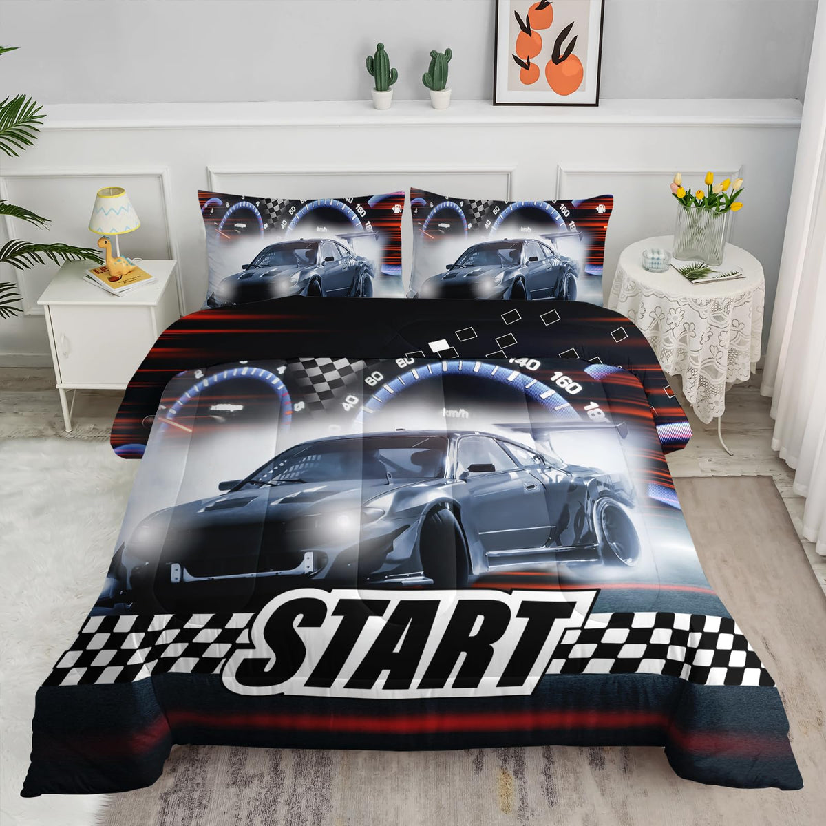 Axolotl Kid Comforter Set Twin Size,Racing Car Bedding Set for Boys Girls Teen Kids Children Racing Gifts,Race Cars Quilt Bed Set with 1 Comforter 2 Pillowcases,Red Grey