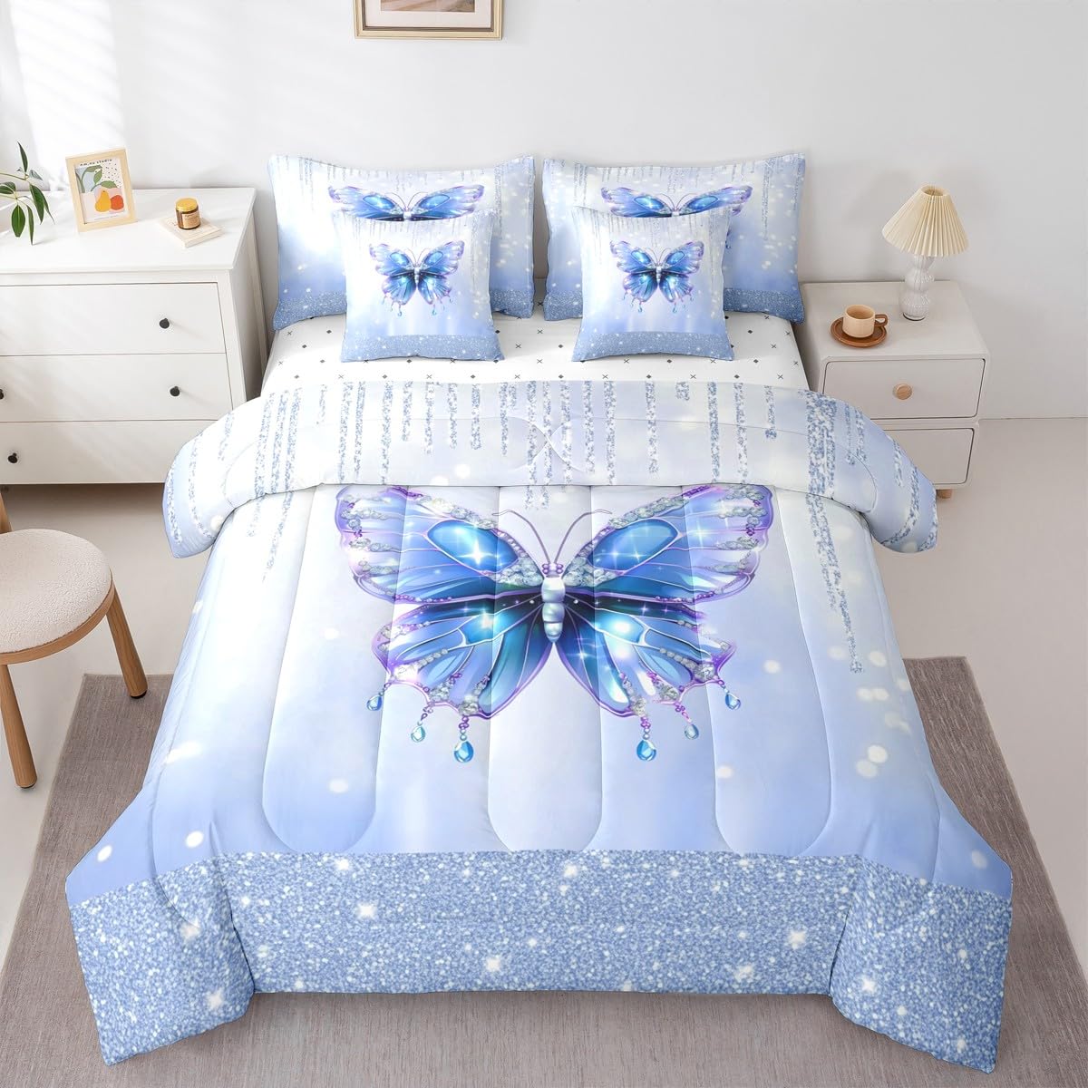 Feelyou Kids Pink Bowknot Bed in A Bag Twin Size, Personalized Initial A Comforter Set with Sheets Princess Glitter 7 Pieces Bedding Set Boys Girls Bow Alphabet Teens Bed Set Bedroom Decor 7Pcs
