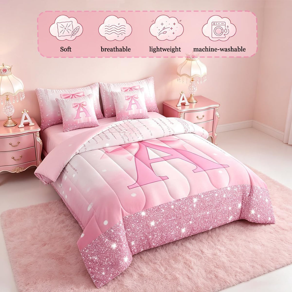Feelyou Kids Pink Bowknot Bed in A Bag Twin Size, Personalized Initial A Comforter Set with Sheets Princess Glitter 7 Pieces Bedding Set Boys Girls Bow Alphabet Teens Bed Set Bedroom Decor 7Pcs