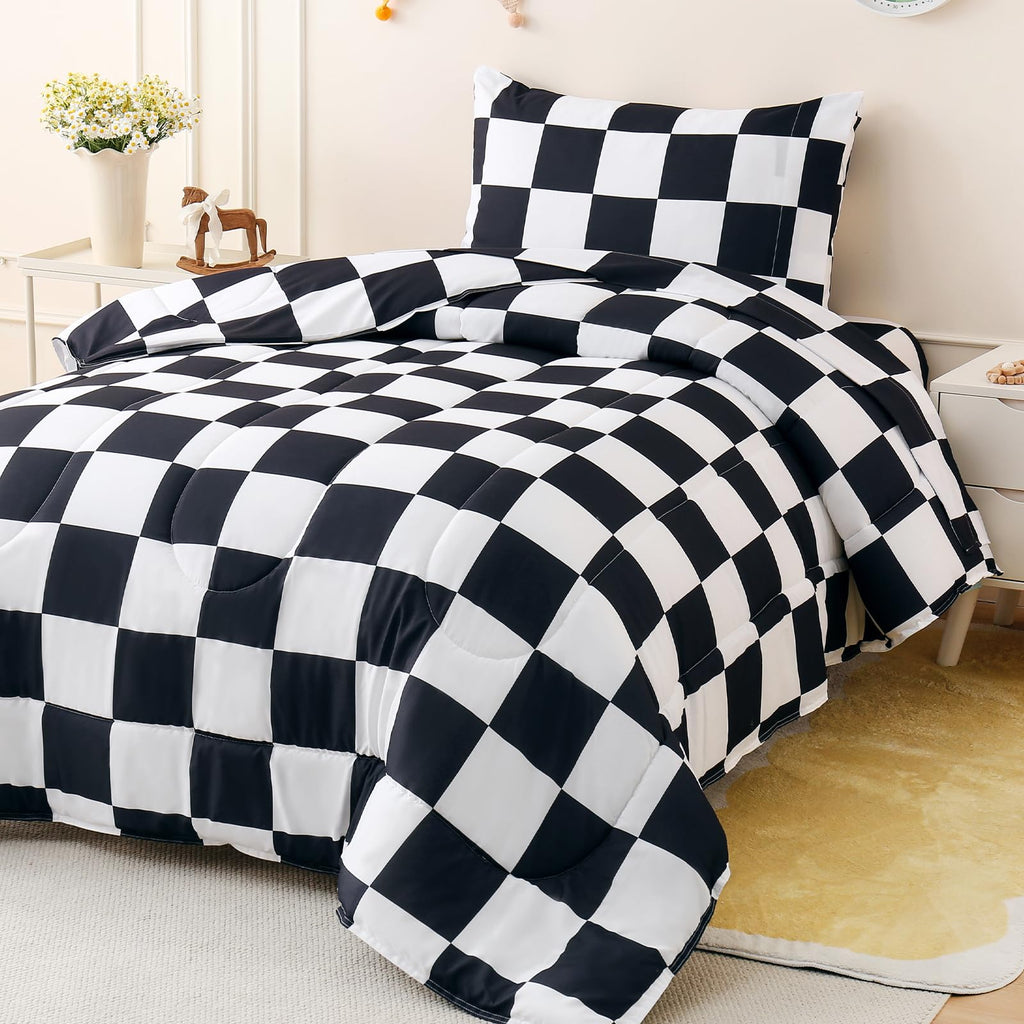 Twin Size Pink Check Comforter Set for Kids, Toddler, Boys&Girls, 4 Pieces Bed-in-a-Bag Bedding Set, All Season Ultra Soft Oeko TEX Sheets Set with Comforter, (Pink Bow)