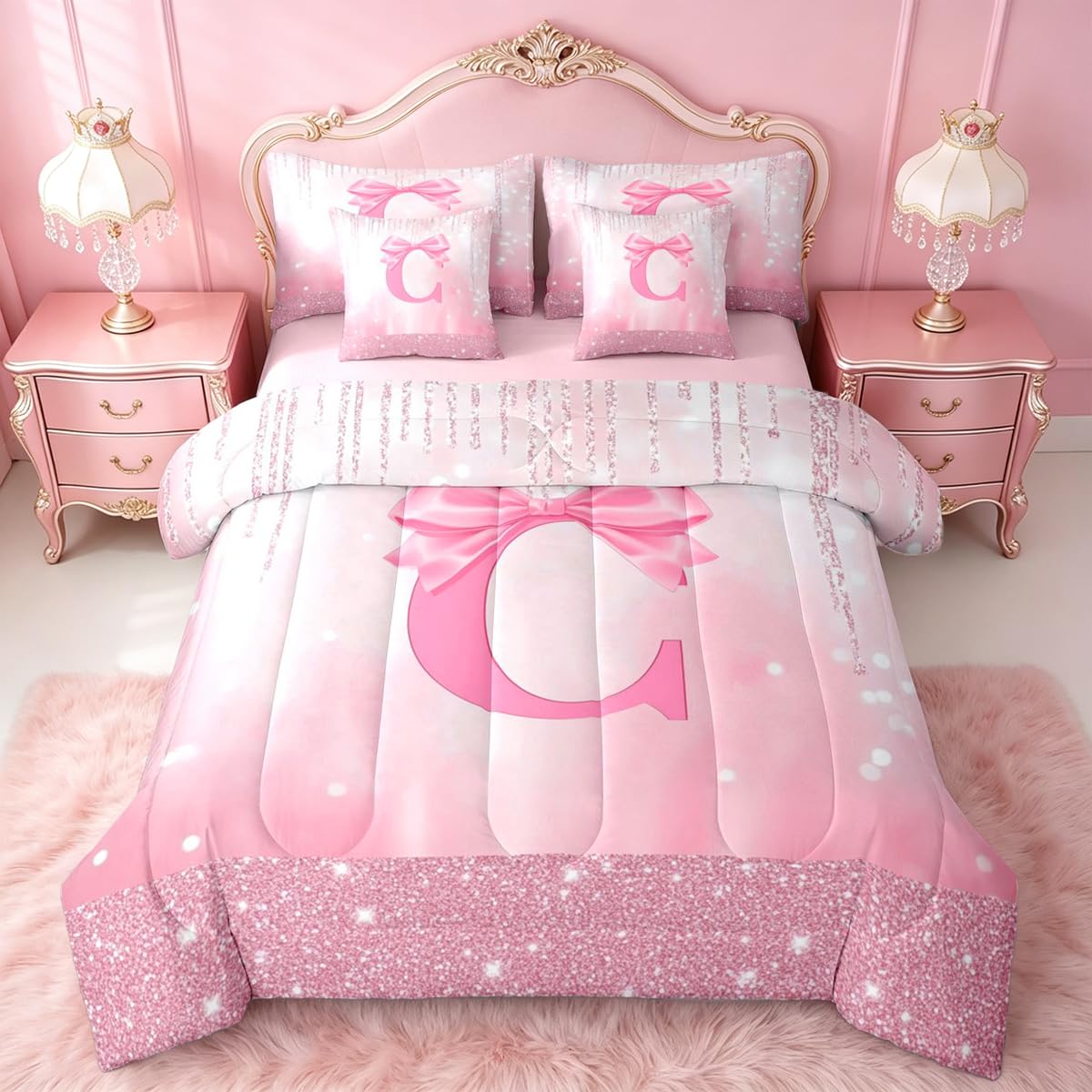 Feelyou Kids Pink Bowknot Bed in A Bag Twin Size, Personalized Initial A Comforter Set with Sheets Princess Glitter 7 Pieces Bedding Set Boys Girls Bow Alphabet Teens Bed Set Bedroom Decor 7Pcs