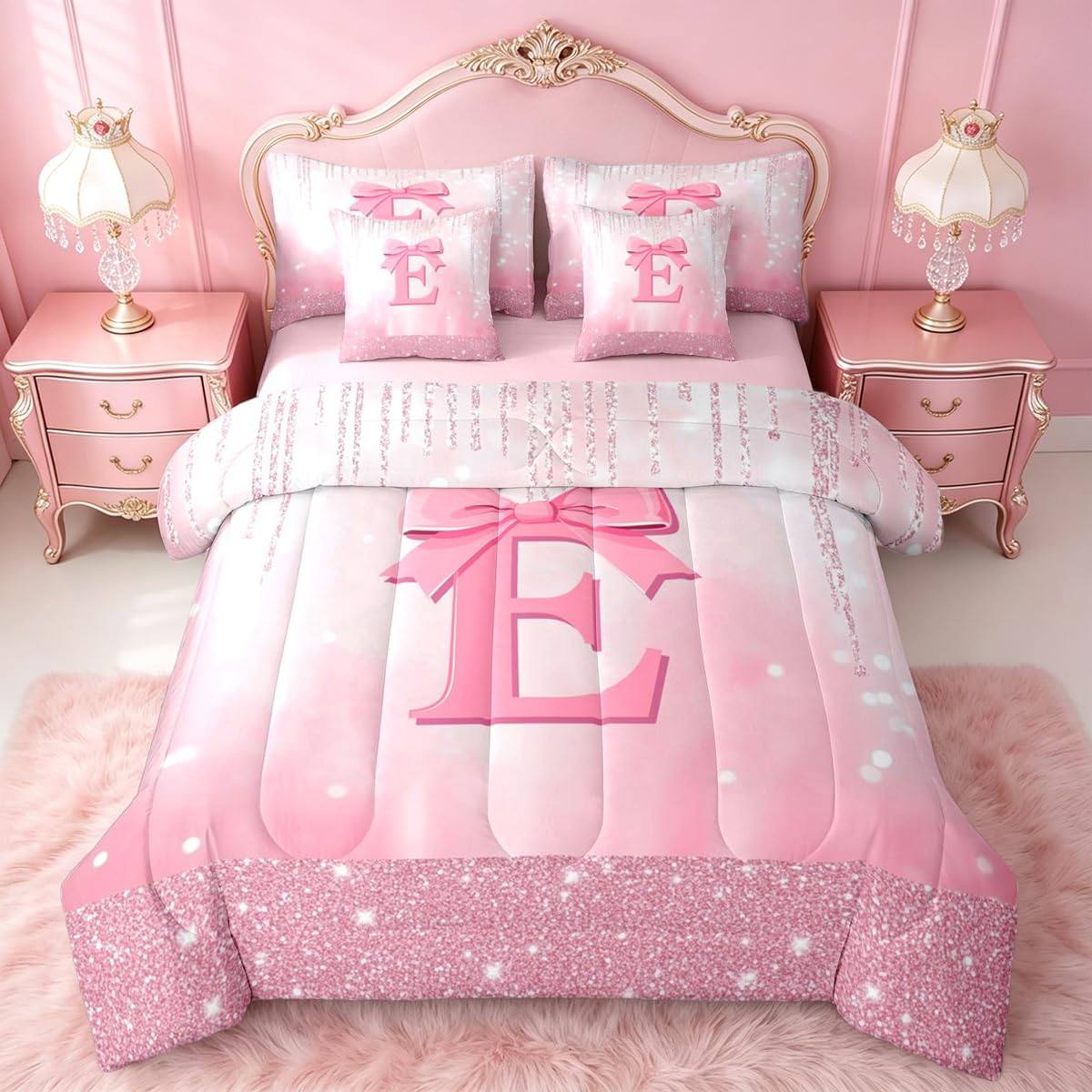 Feelyou Kids Pink Bowknot Bed in A Bag Twin Size, Personalized Initial A Comforter Set with Sheets Princess Glitter 7 Pieces Bedding Set Boys Girls Bow Alphabet Teens Bed Set Bedroom Decor 7Pcs